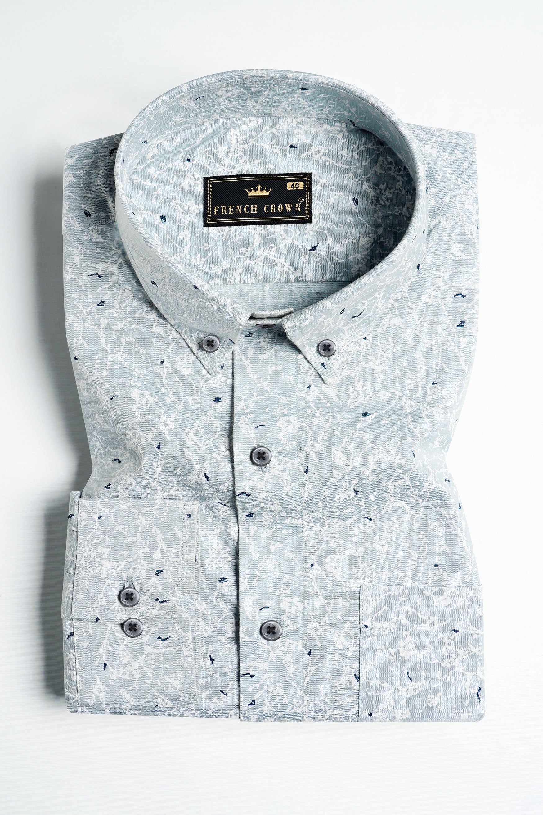 Bright White and Geyser Gray Printed Luxurious Linen Shirt
