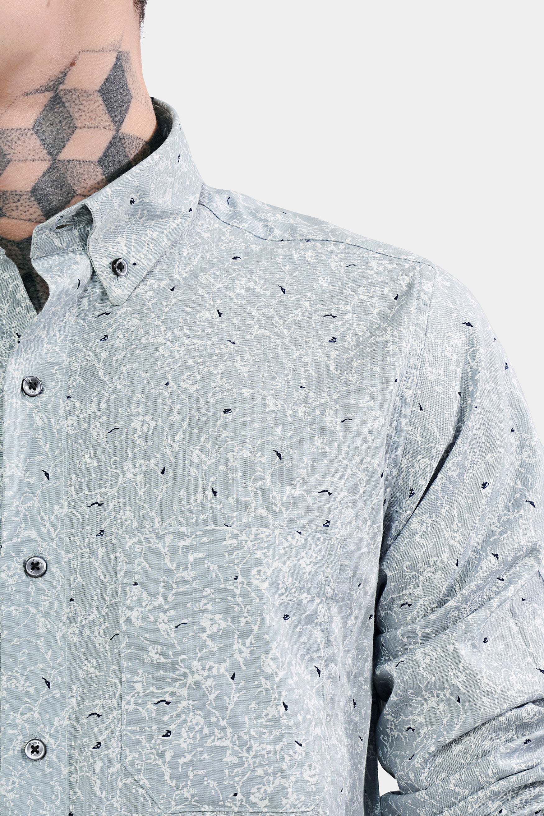 Bright White and Geyser Gray Printed Luxurious Linen Shirt