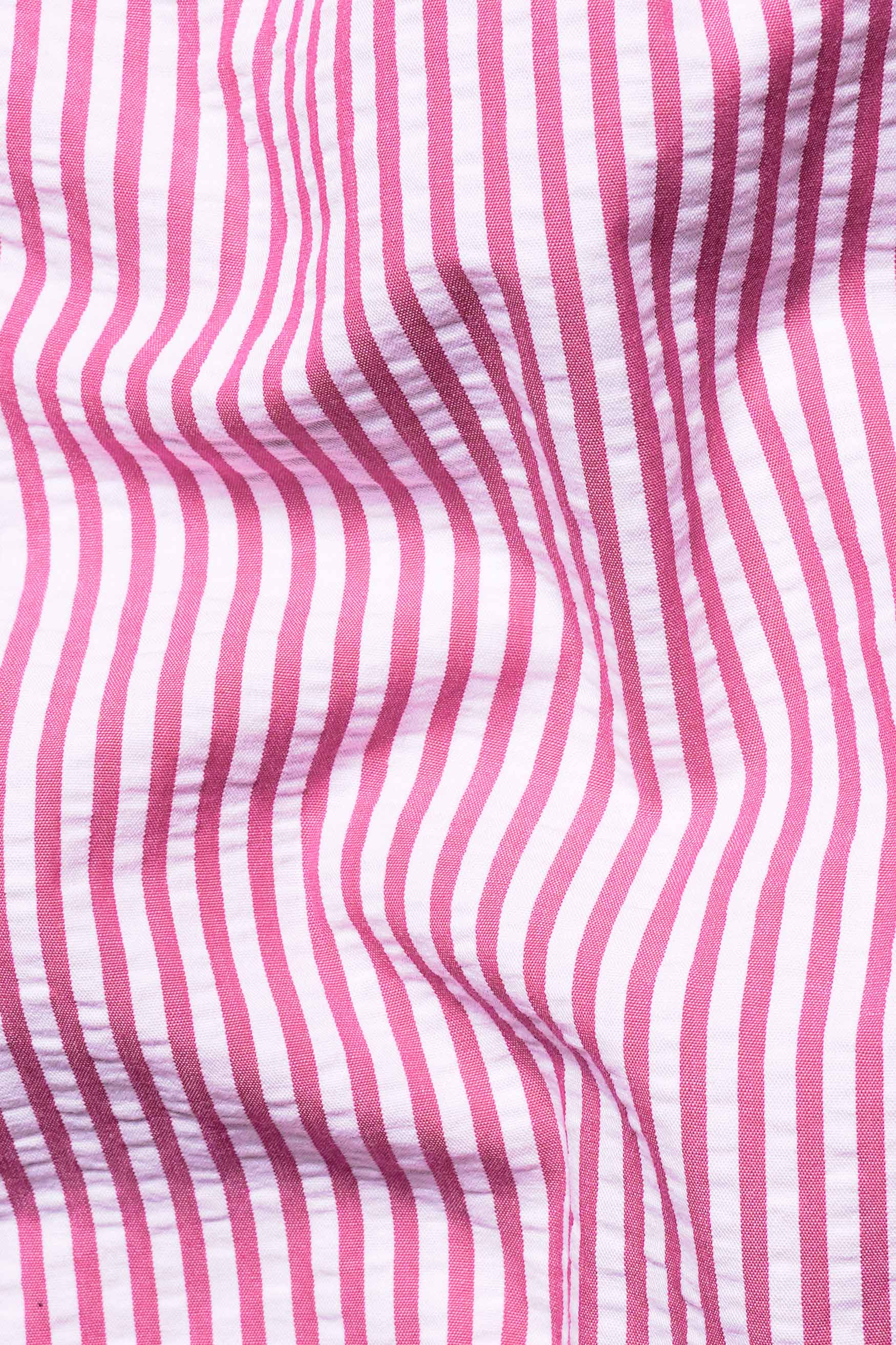 Taffy Pink and Bright White Striped Seersucker Giza Cotton Shirt