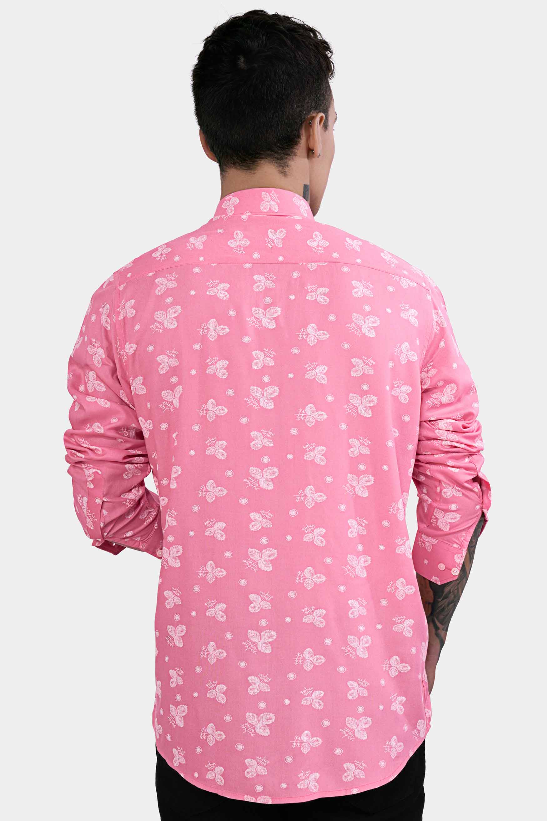 Wewak Pink and Bright White Leaves Printed Premium Tencel Shirt