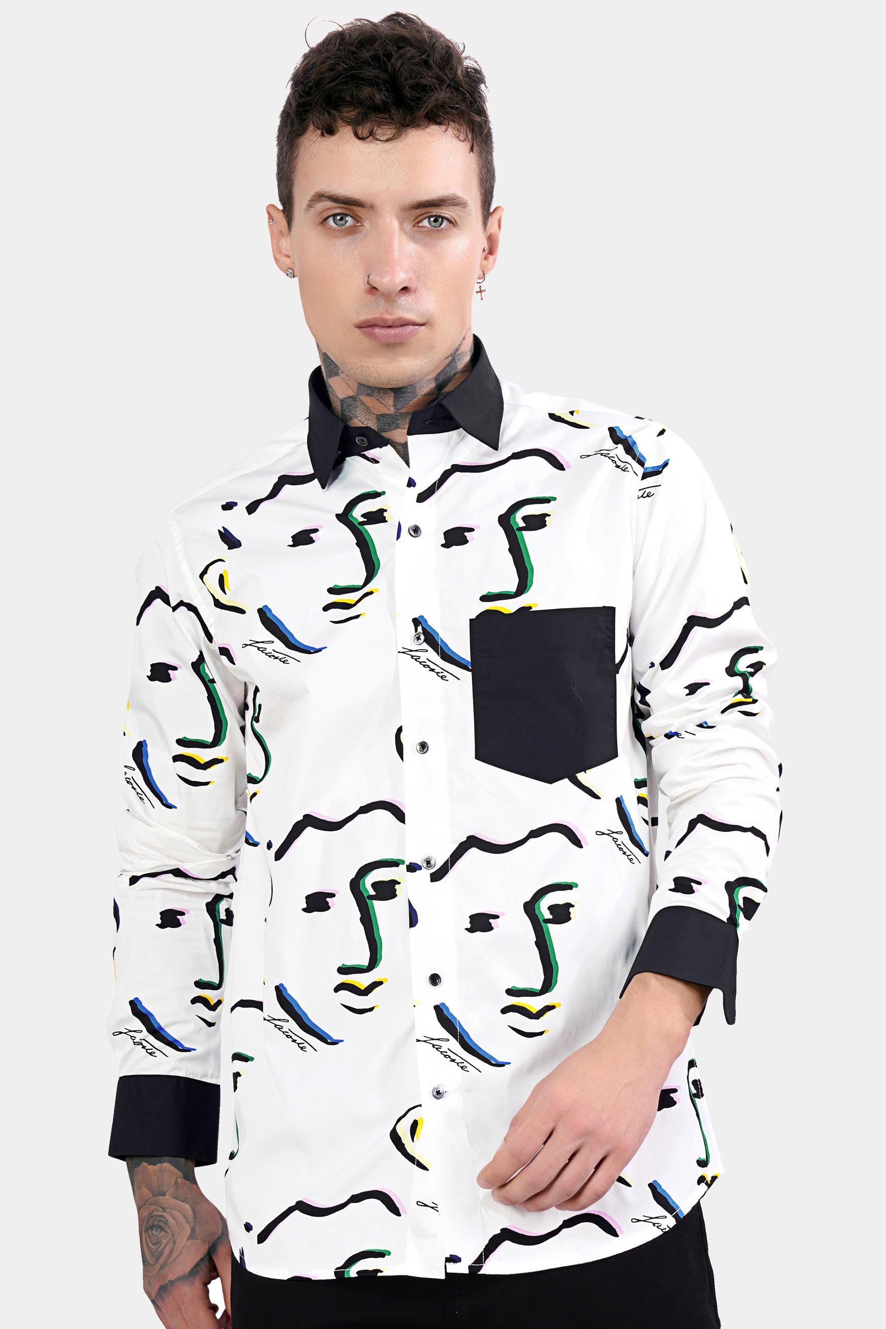 Bright White Faces Printed with Black Cuffs and Collar Premium Cotton Shirt