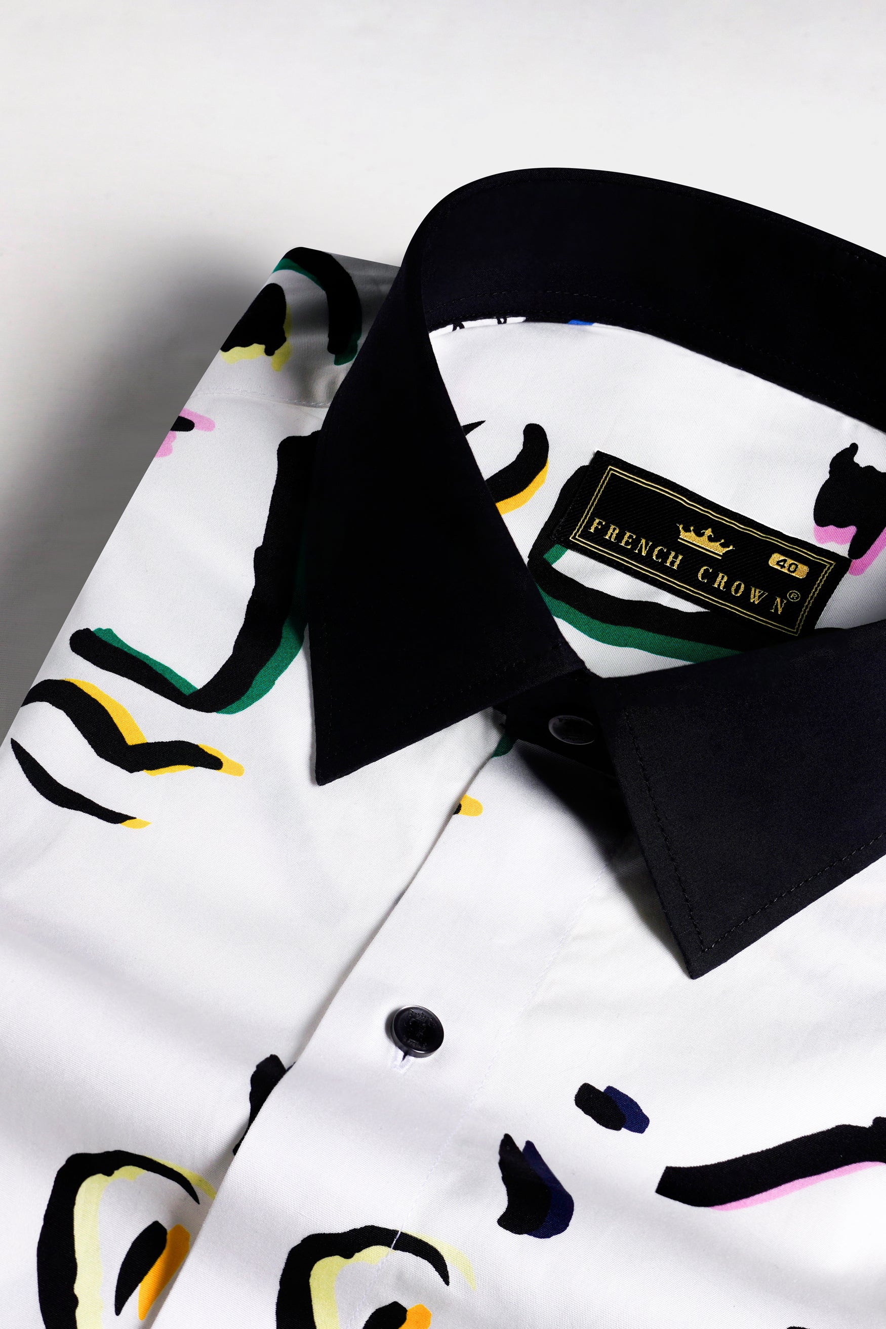 Bright White Faces Printed with Black Cuffs and Collar Premium Cotton Shirt 11433-BCC-BLK-38, 11433-BCC-BLK-H-38, 11433-BCC-BLK-39, 11433-BCC-BLK-H-39, 11433-BCC-BLK-40, 11433-BCC-BLK-H-40, 11433-BCC-BLK-42, 11433-BCC-BLK-H-42, 11433-BCC-BLK-44, 11433-BCC-BLK-H-44, 11433-BCC-BLK-46, 11433-BCC-BLK-H-46, 11433-BCC-BLK-48, 11433-BCC-BLK-H-48, 11433-BCC-BLK-50, 11433-BCC-BLK-H-50, 11433-BCC-BLK-52, 11433-BCC-BLK-H-52