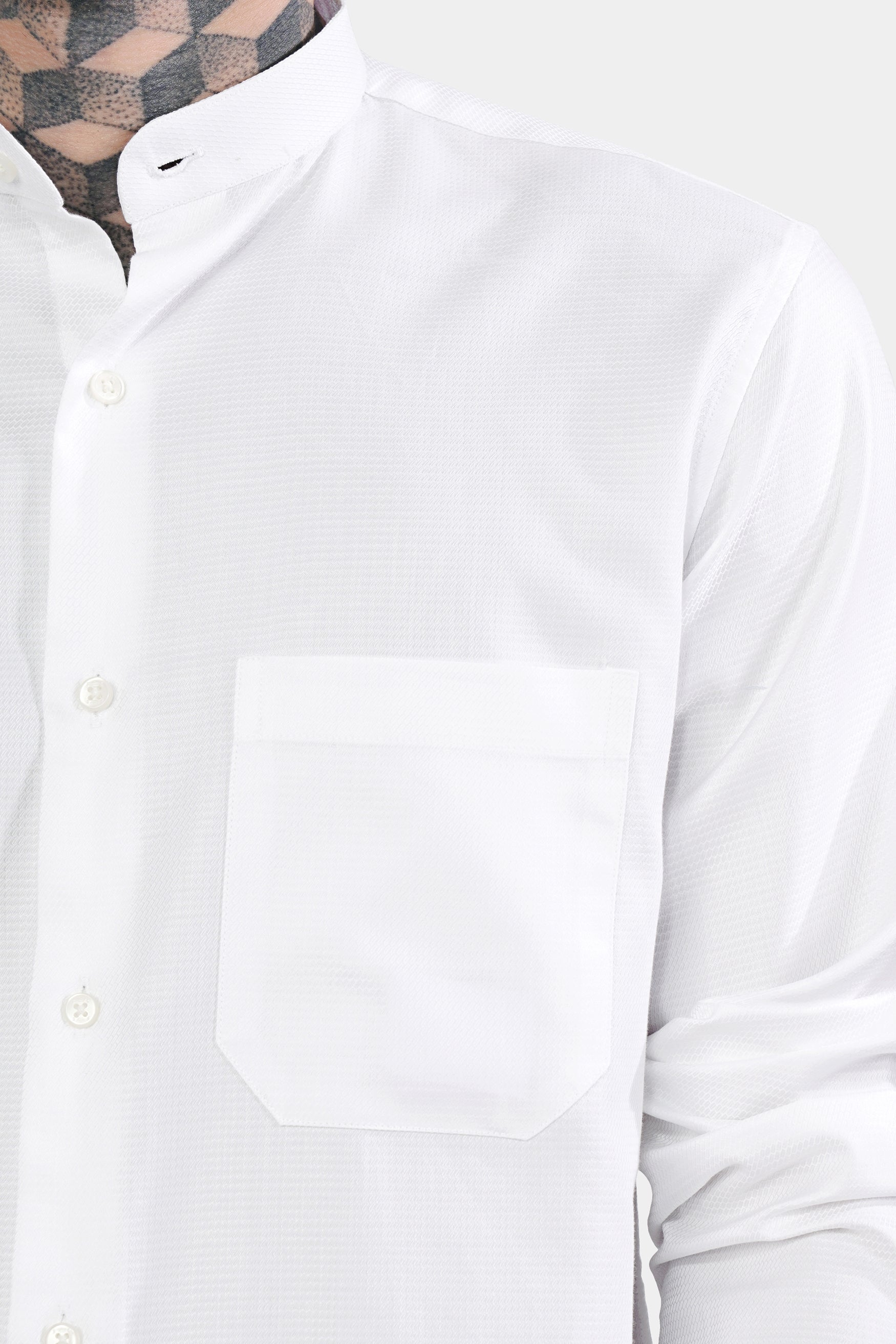 Bright White Dobby Textured Premium Giza Cotton Mandarin Shirt