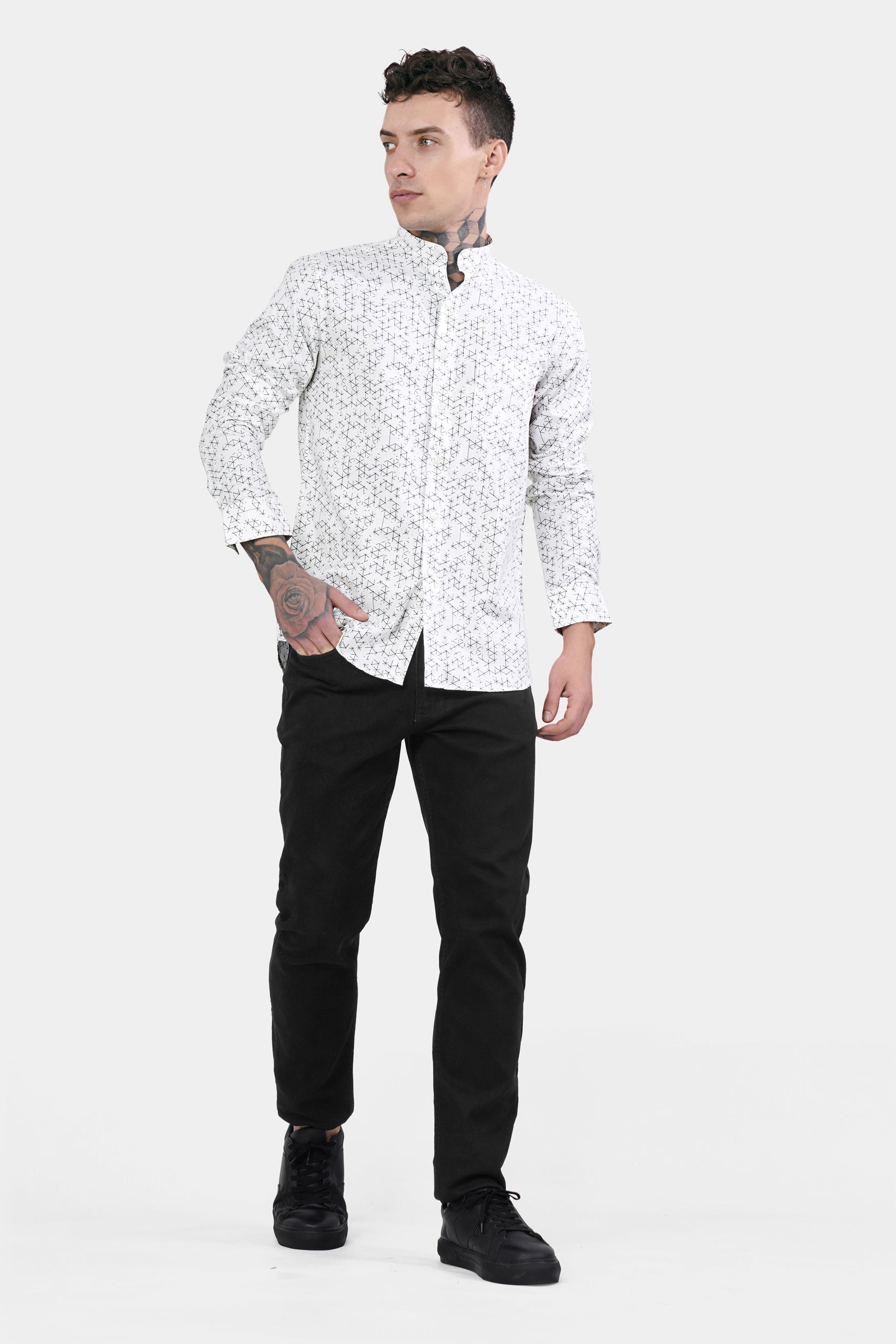 Bright White and Black Dobby Textured Premium Giza Cotton Mandarin Shirt