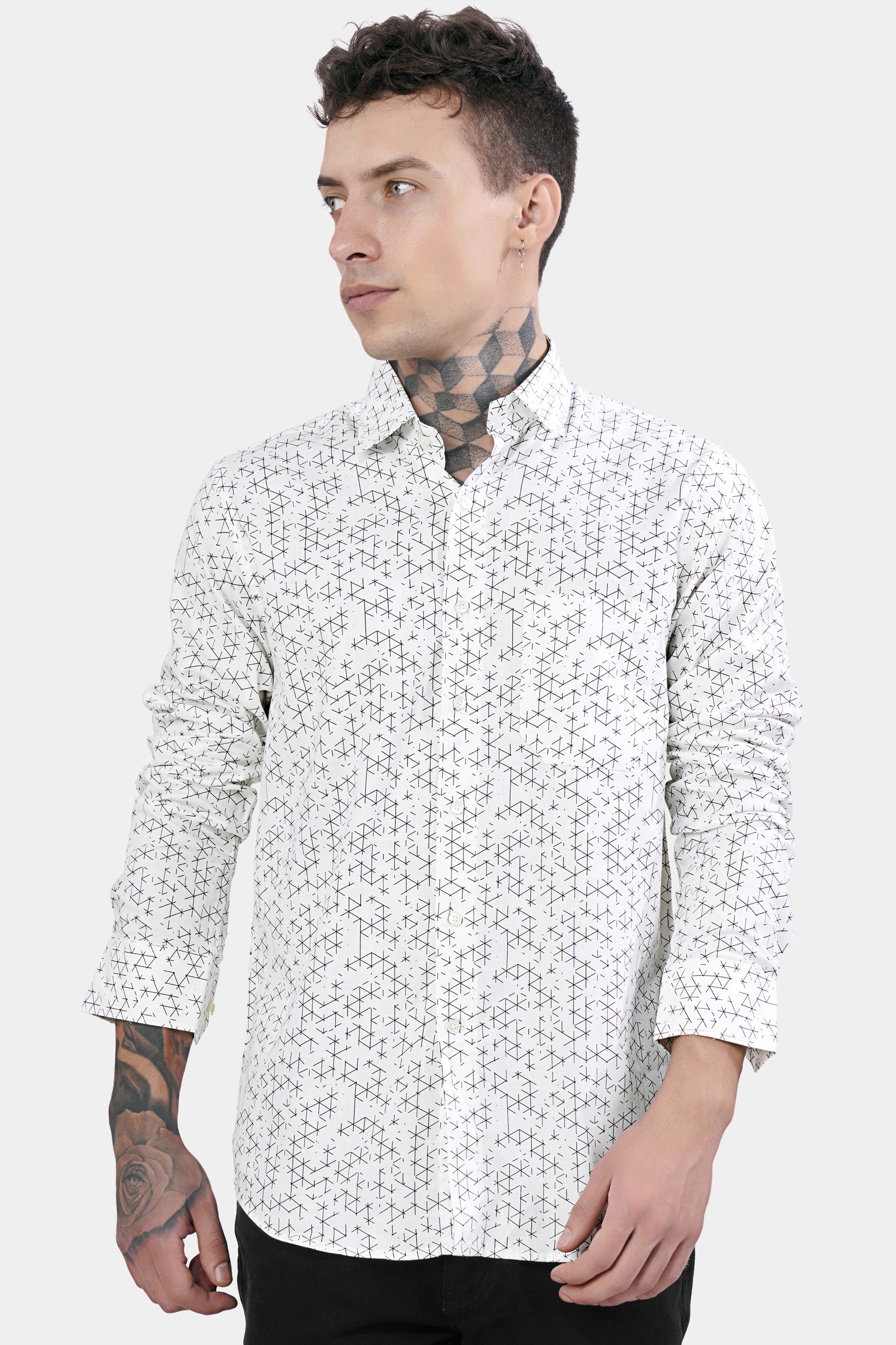 Bright White and Black Dobby Textured Premium Giza Cotton Shirt