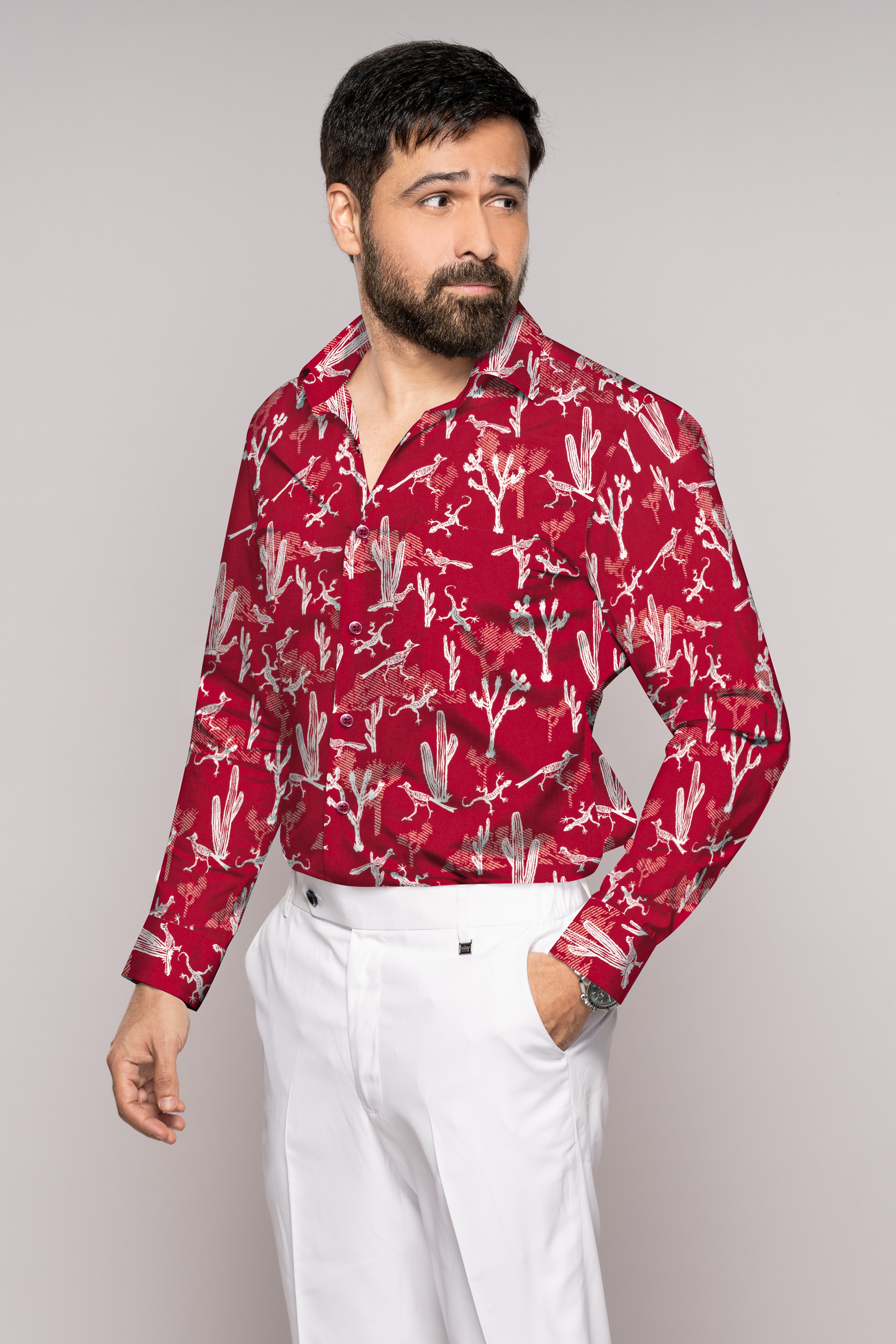Monarch Red and Bright White Animal Printed Premium Cotton Shirt