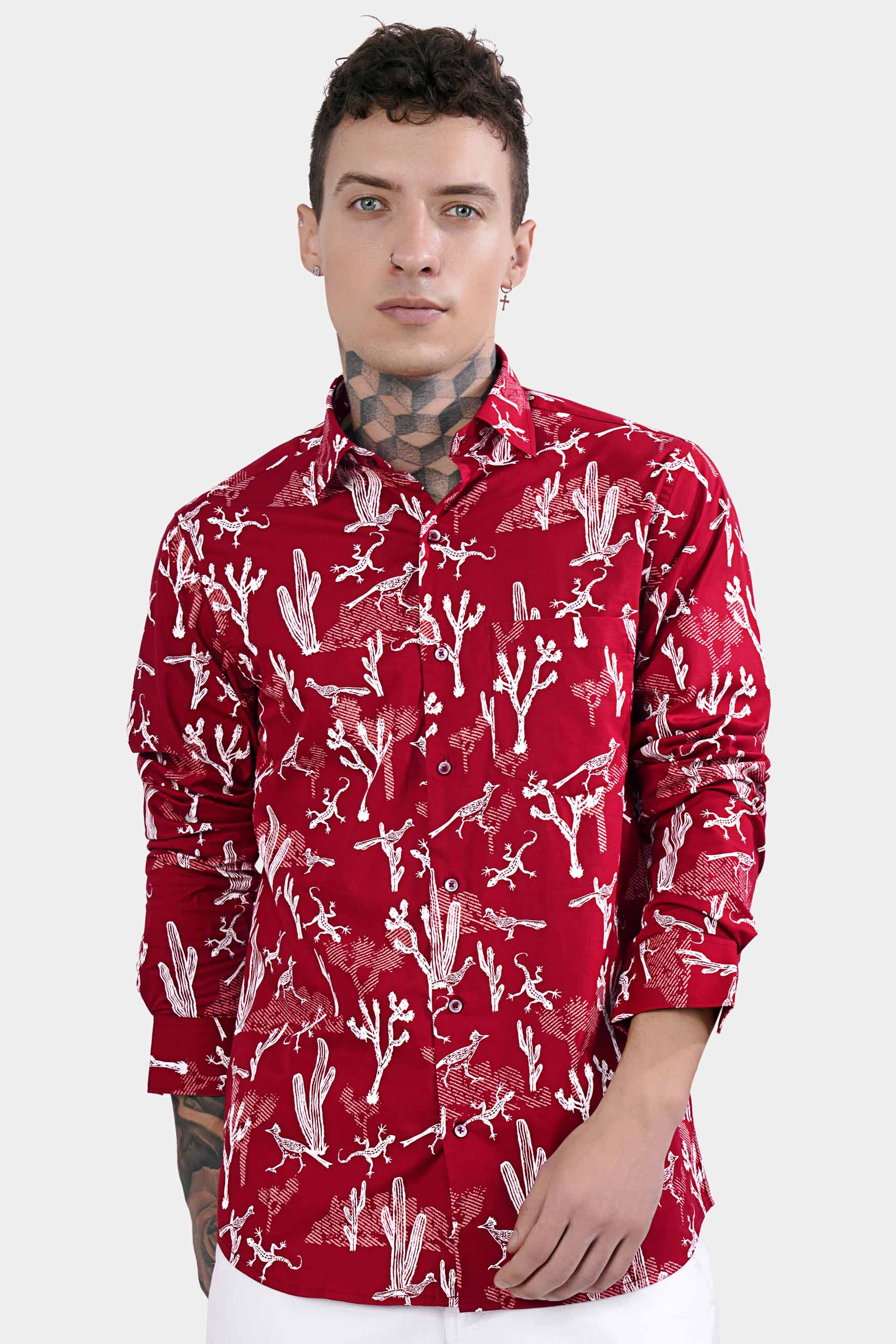 Monarch Red and Bright White Animal Printed Premium Cotton Shirt