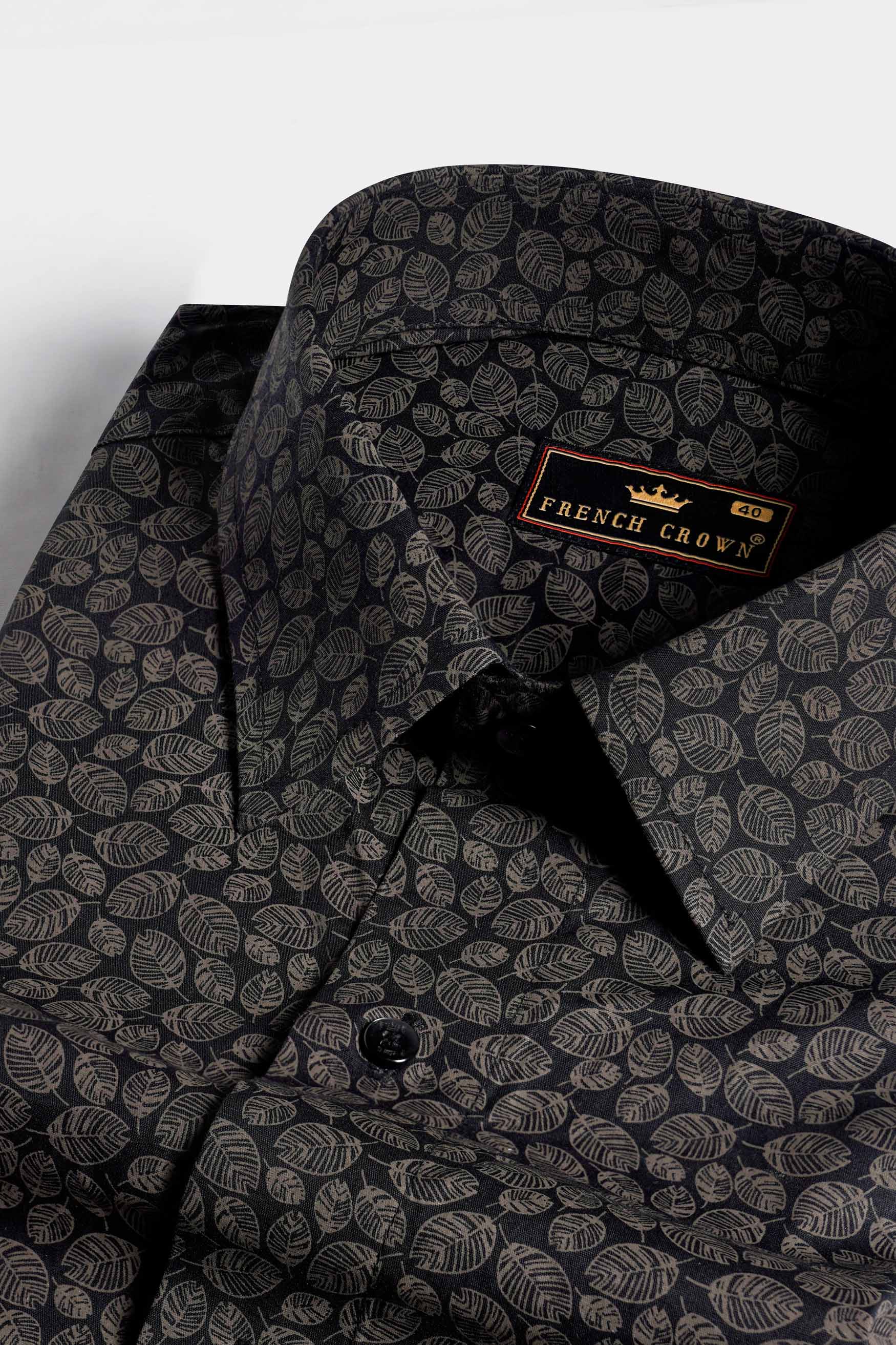 Jade Black and Flint Brown Leaves Printed Premium Cotton Shirt