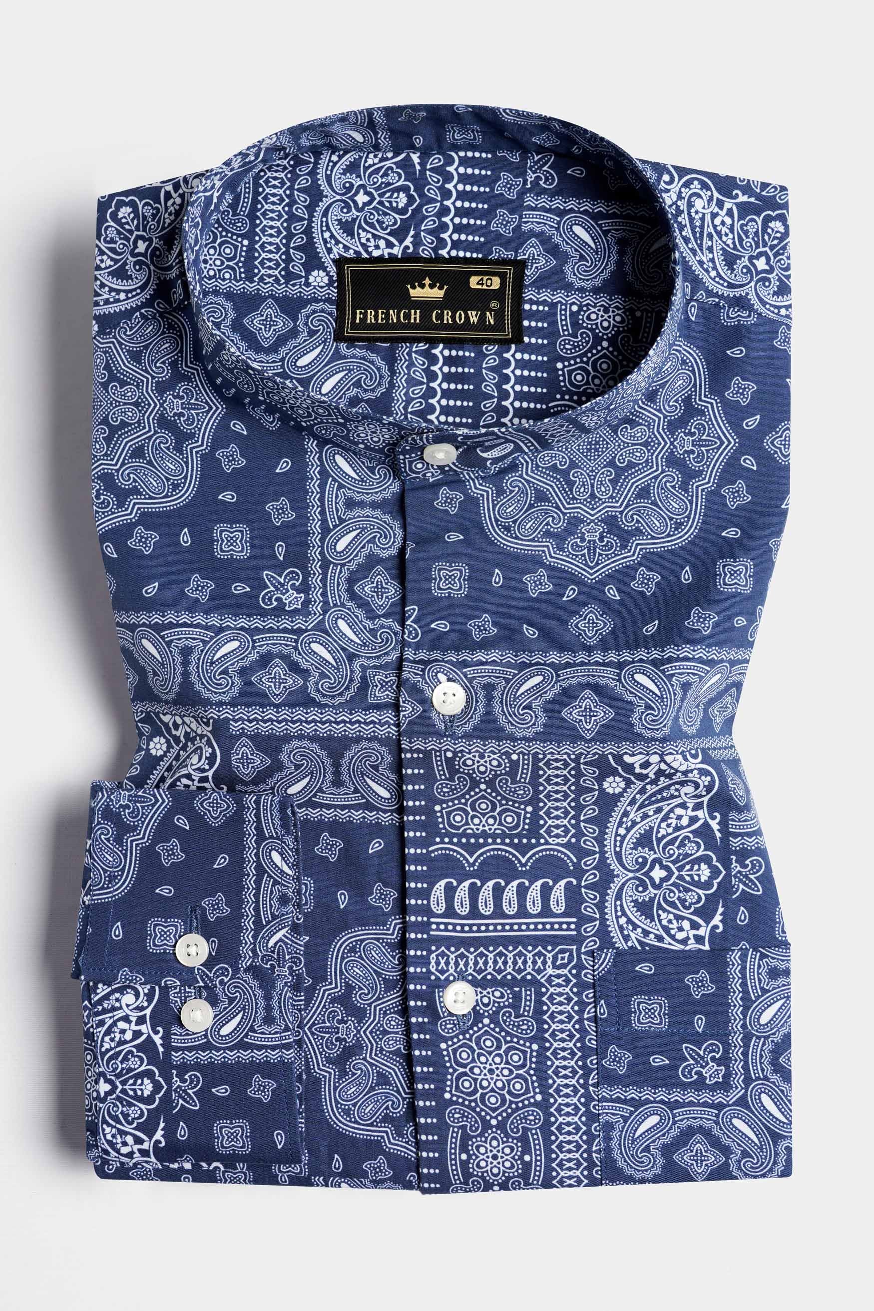 Rhino Blue and White Paisley Printed Royal Oxford Shirt
