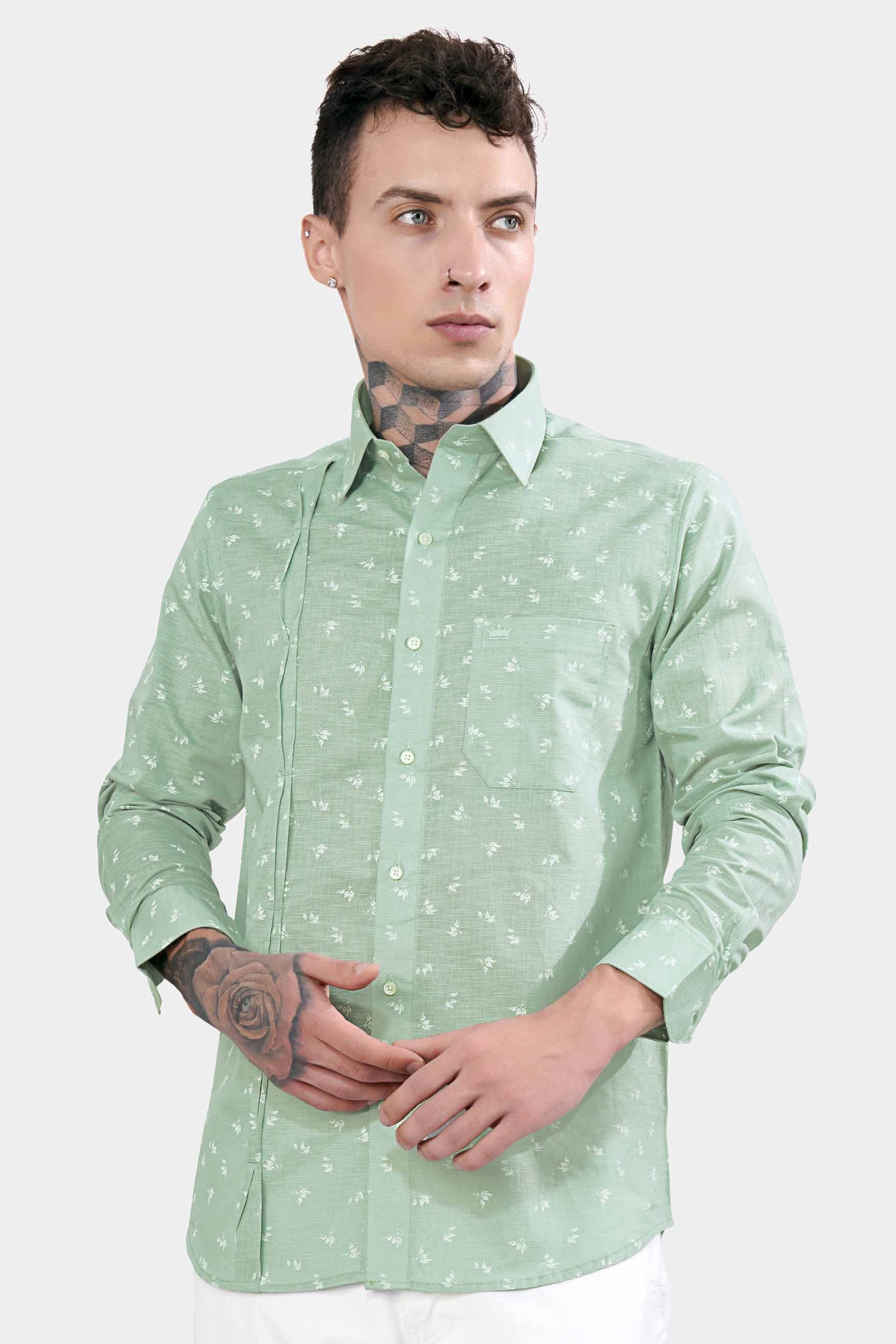 Pastel Green Ditsy Printed Luxurious Linen Designer Shirt