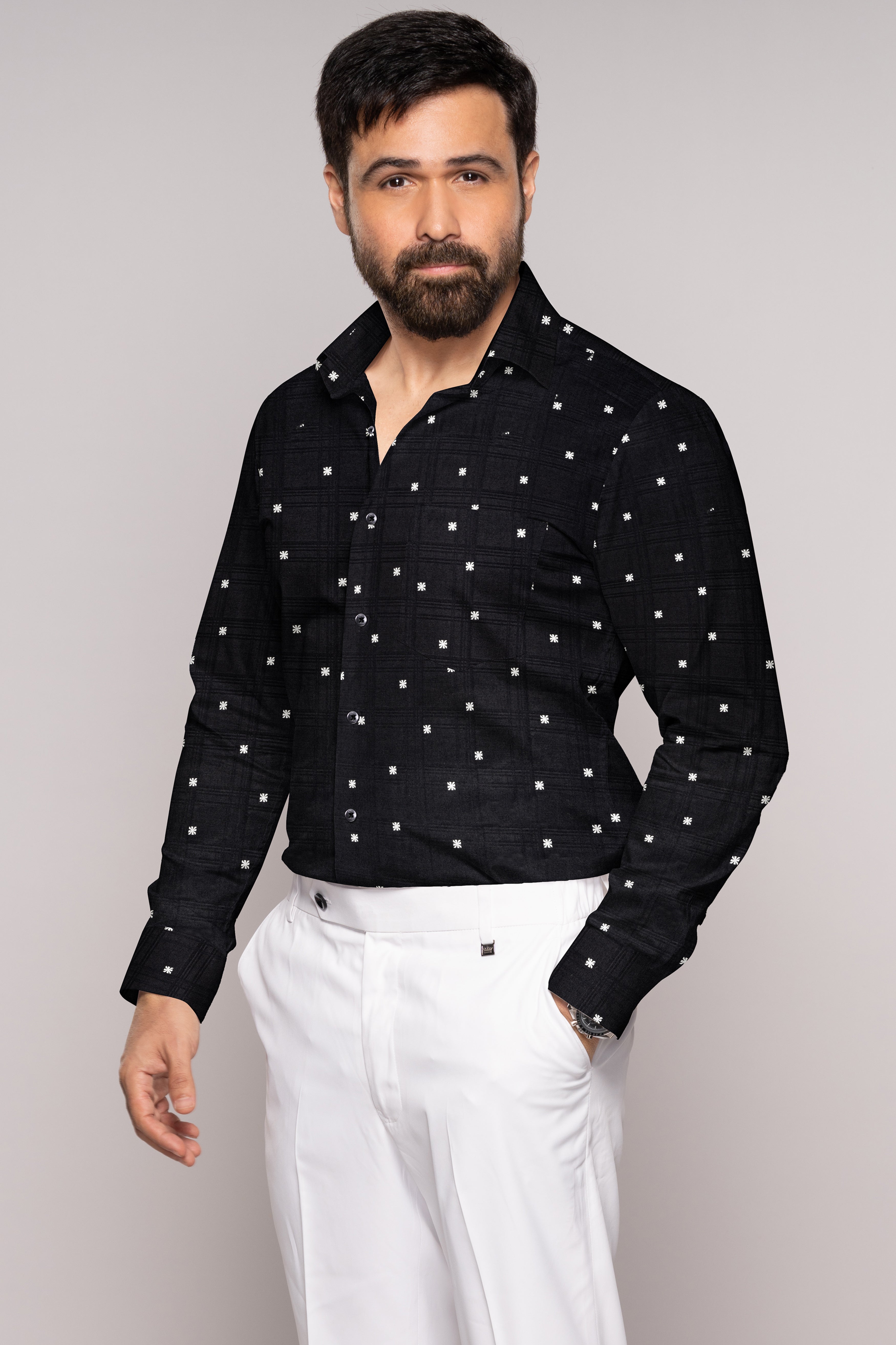 Jade Black and White Subtle Checkered Dobby Textured Premium Giza Cotton Shirt