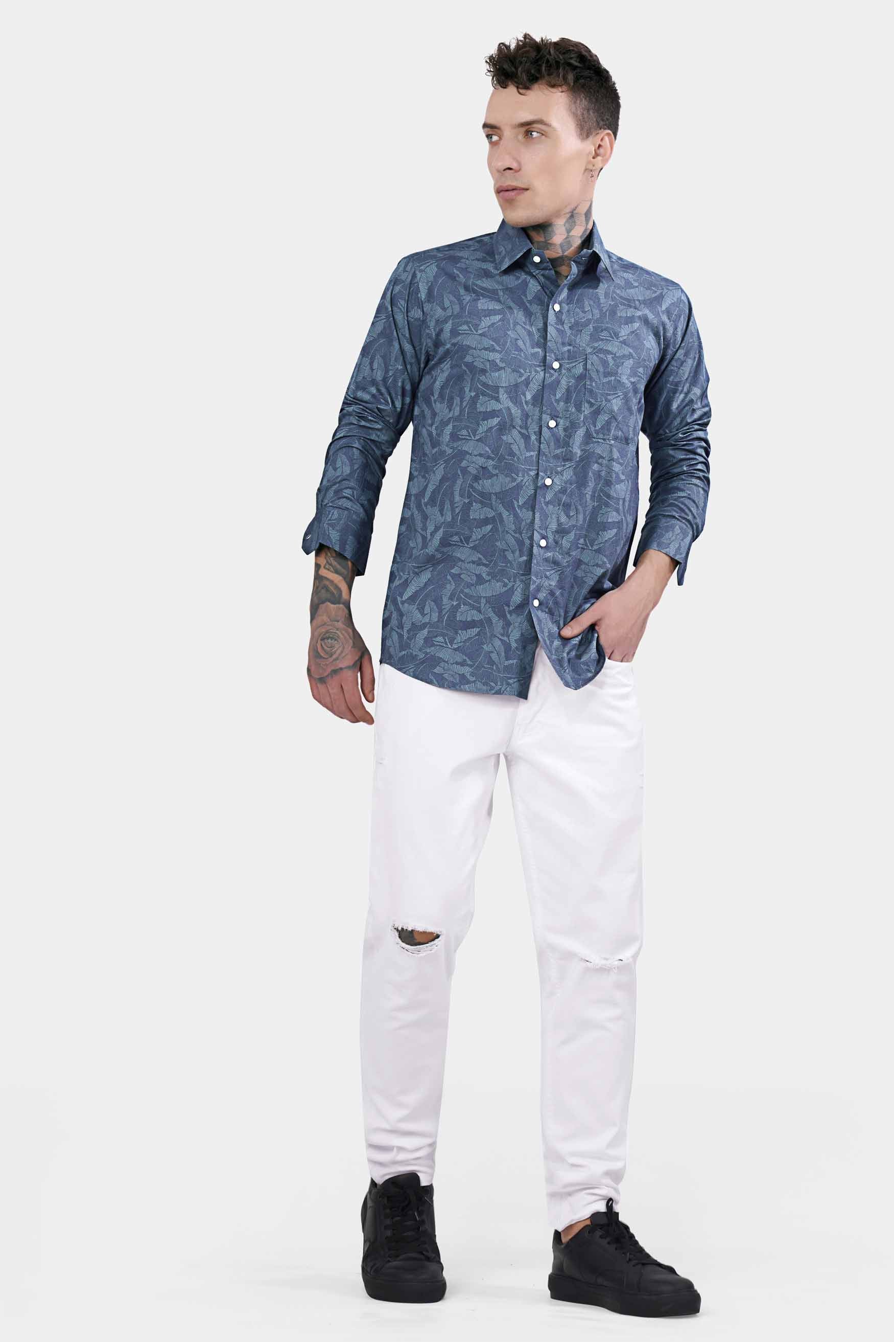 Slate Blue and Heather Gray Leaves Printed Premium Cotton Shirt
