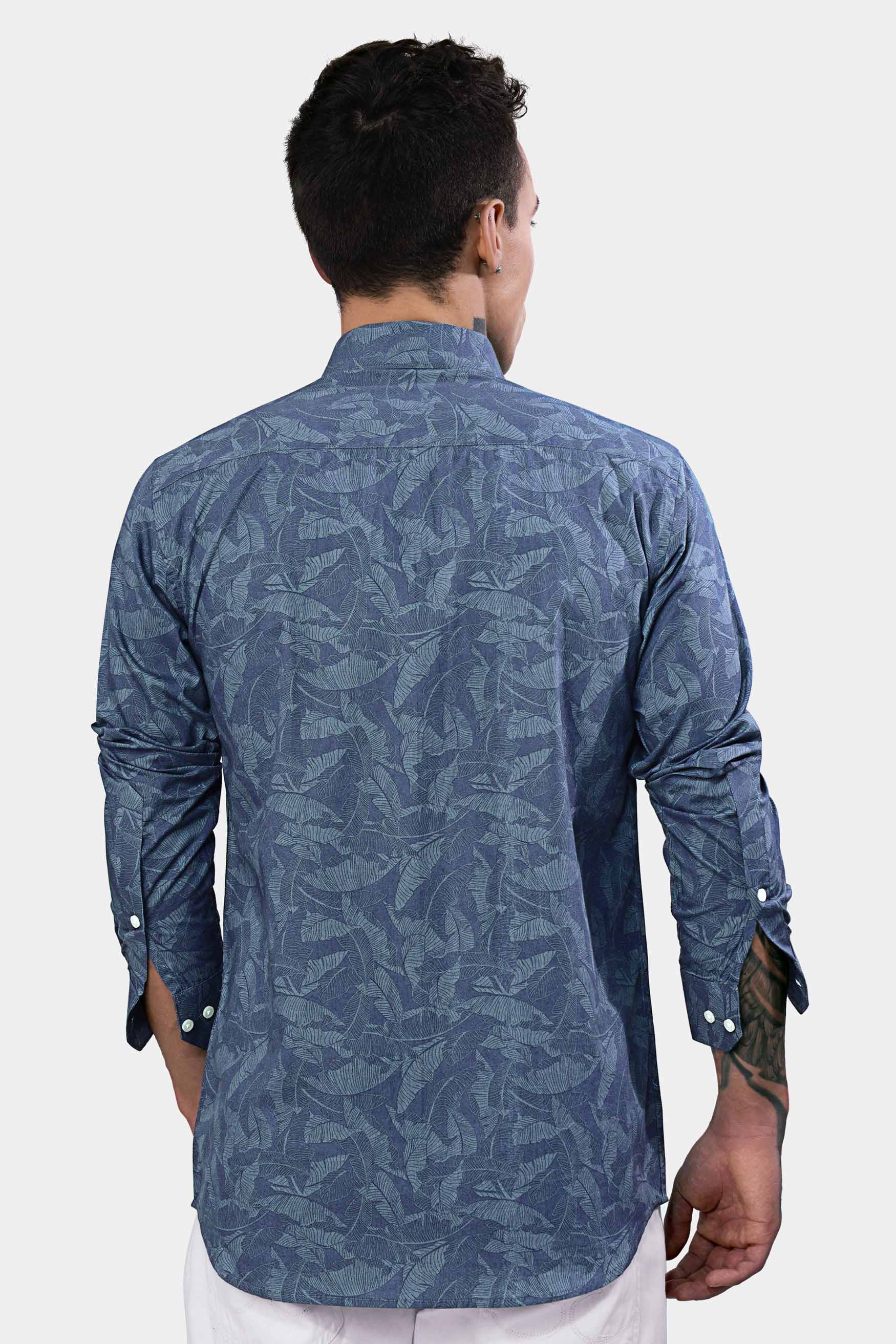 Slate Blue and Heather Gray Leaves Printed Premium Cotton Shirt