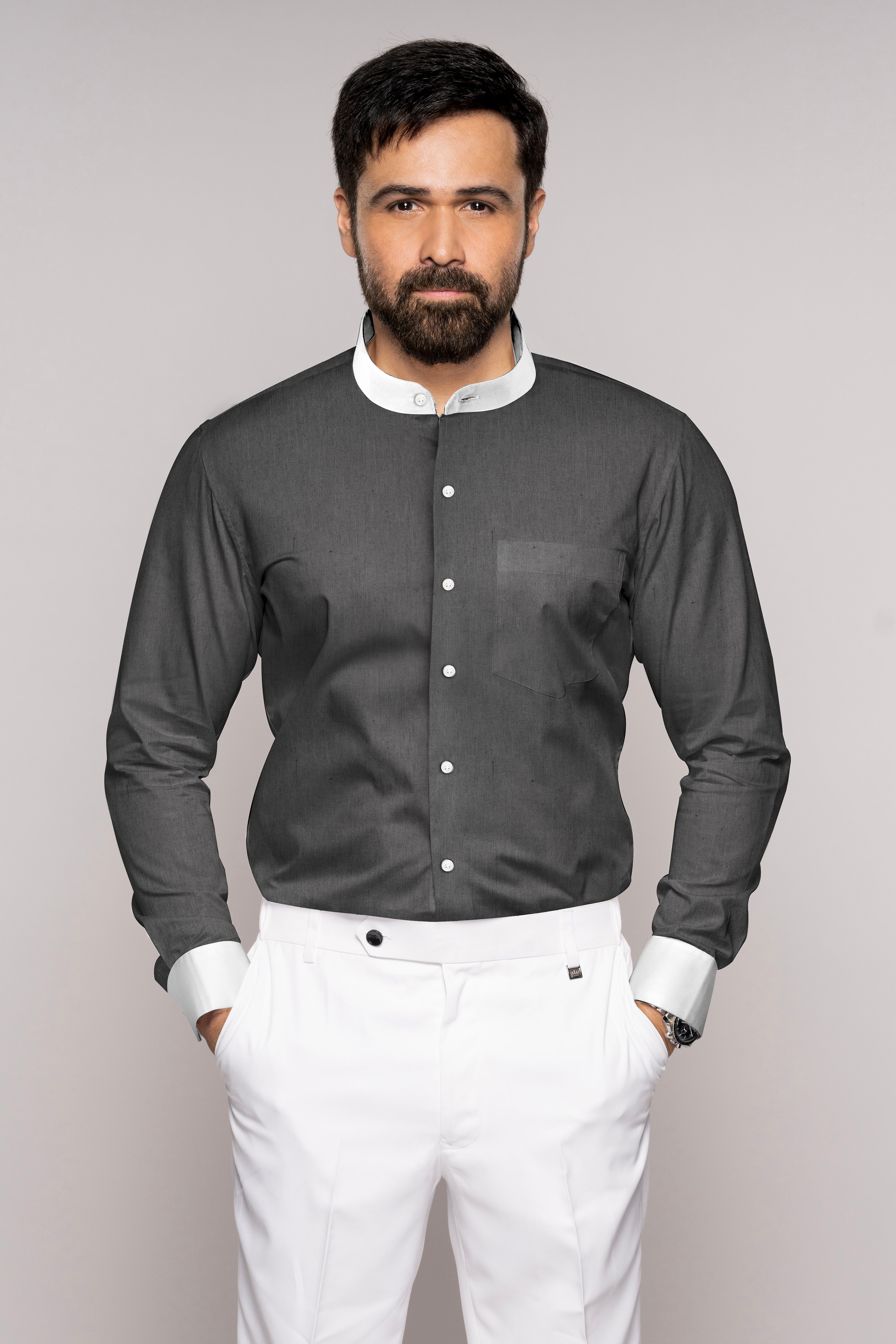 Zeus Gray with White Cuffs and Collar Luxurious Linen Shirt