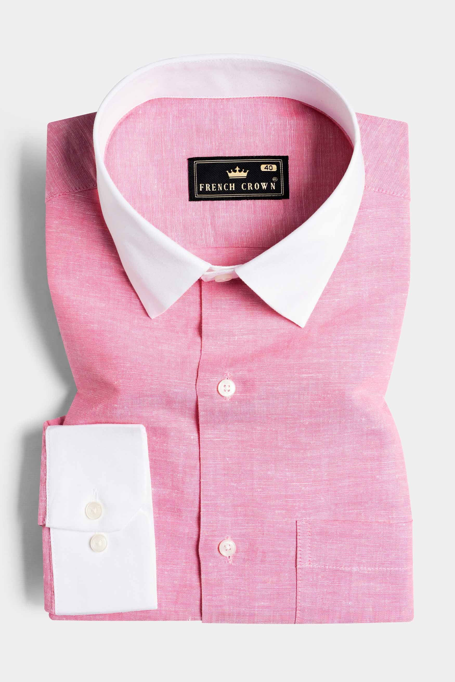 Flamingo Pink with White Cuffs and Collar Luxurious Linen Shirt