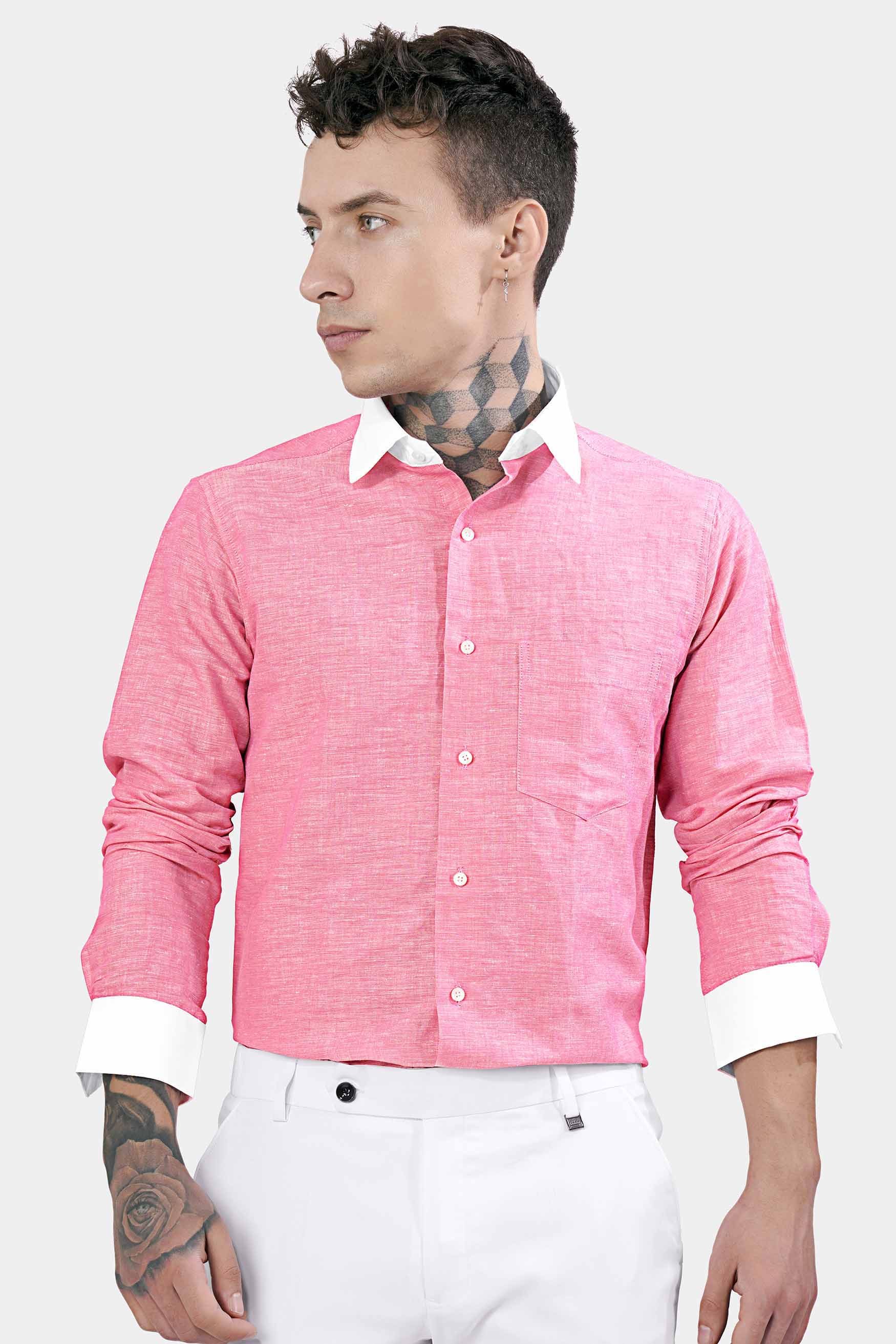 Flamingo Pink with White Cuffs and Collar Luxurious Linen Shirt 11462-WCC-38, 11462-WCC-H-38, 11462-WCC-39, 11462-WCC-H-39, 11462-WCC-40, 11462-WCC-H-40, 11462-WCC-42, 11462-WCC-H-42, 11462-WCC-44, 11462-WCC-H-44, 11462-WCC-46, 11462-WCC-H-46, 11462-WCC-48, 11462-WCC-H-48, 11462-WCC-50, 11462-WCC-H-50, 11462-WCC-52, 11462-WCC-H-52