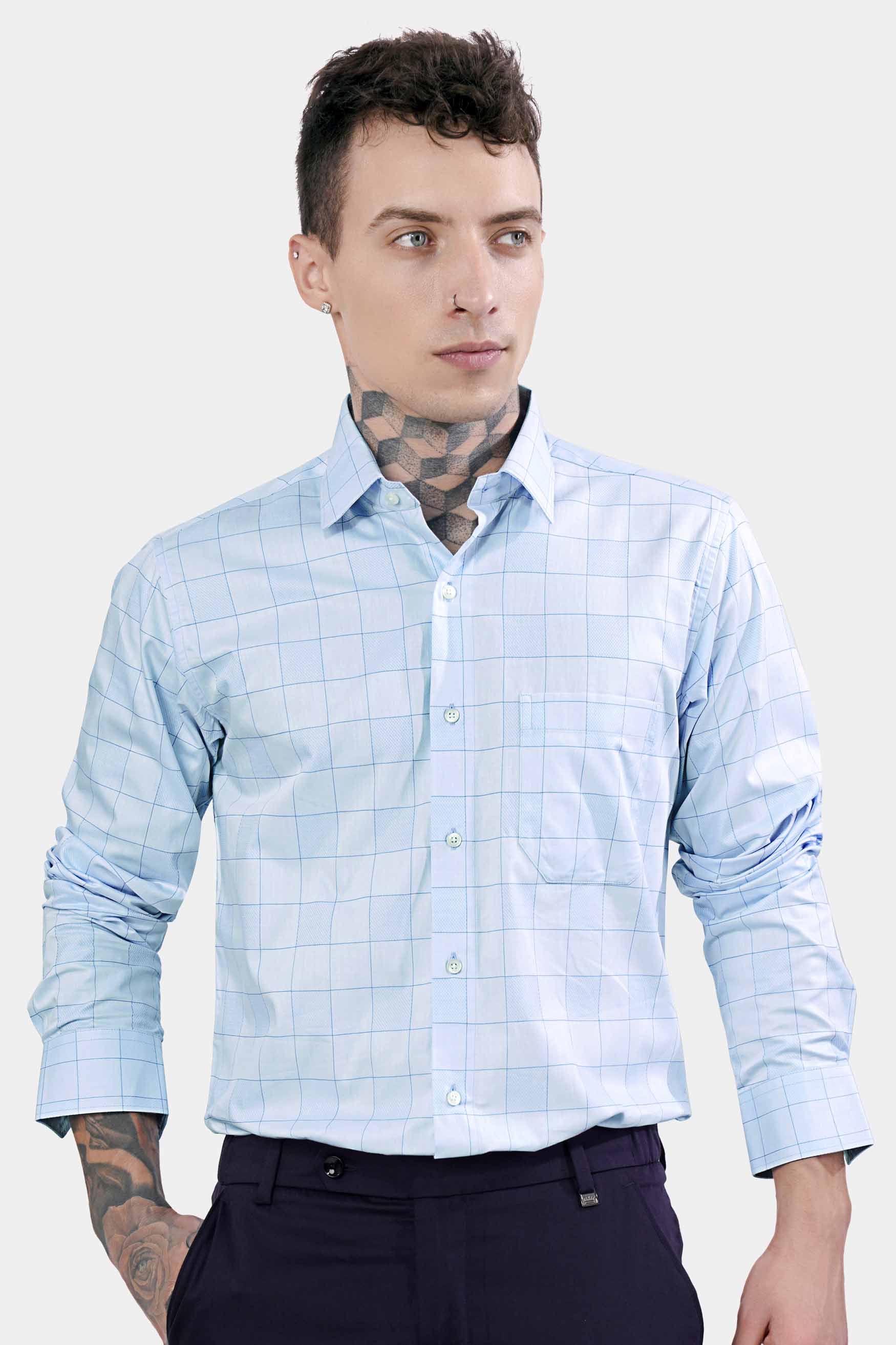 Mercury and Electric Blue Checkered Dobby Textured Premium Giza Cotton Shirt 11463-38, 11463-H-38, 11463-39, 11463-H-39, 11463-40, 11463-H-40, 11463-42, 11463-H-42, 11463-44, 11463-H-44, 11463-46, 11463-H-46, 11463-48, 11463-H-48, 11463-50, 11463-H-50, 11463-52, 11463-H-52