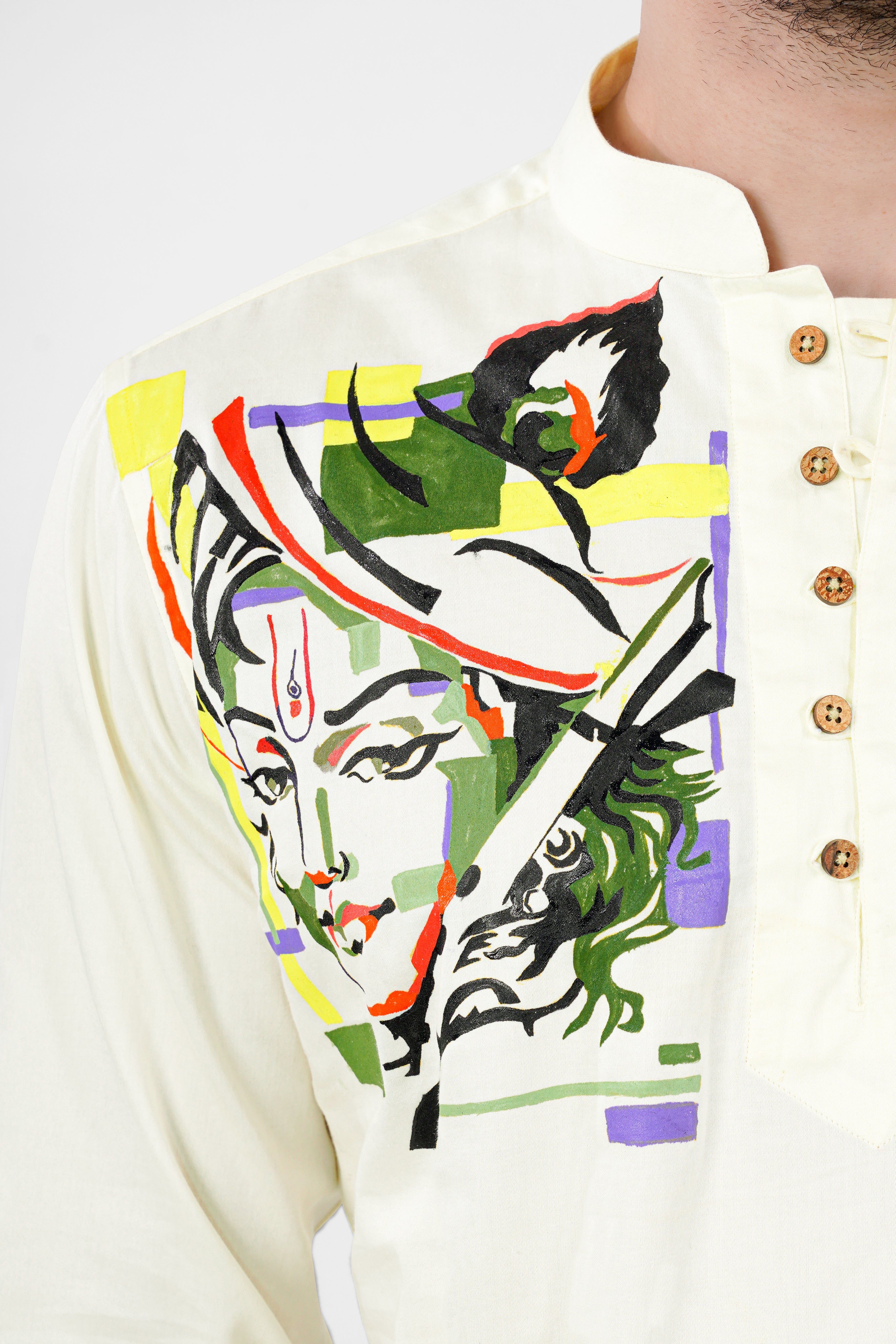 Fantasy Cream Shree Krishna Painted Super Soft Premium Cotton Designer Kurta Shirt