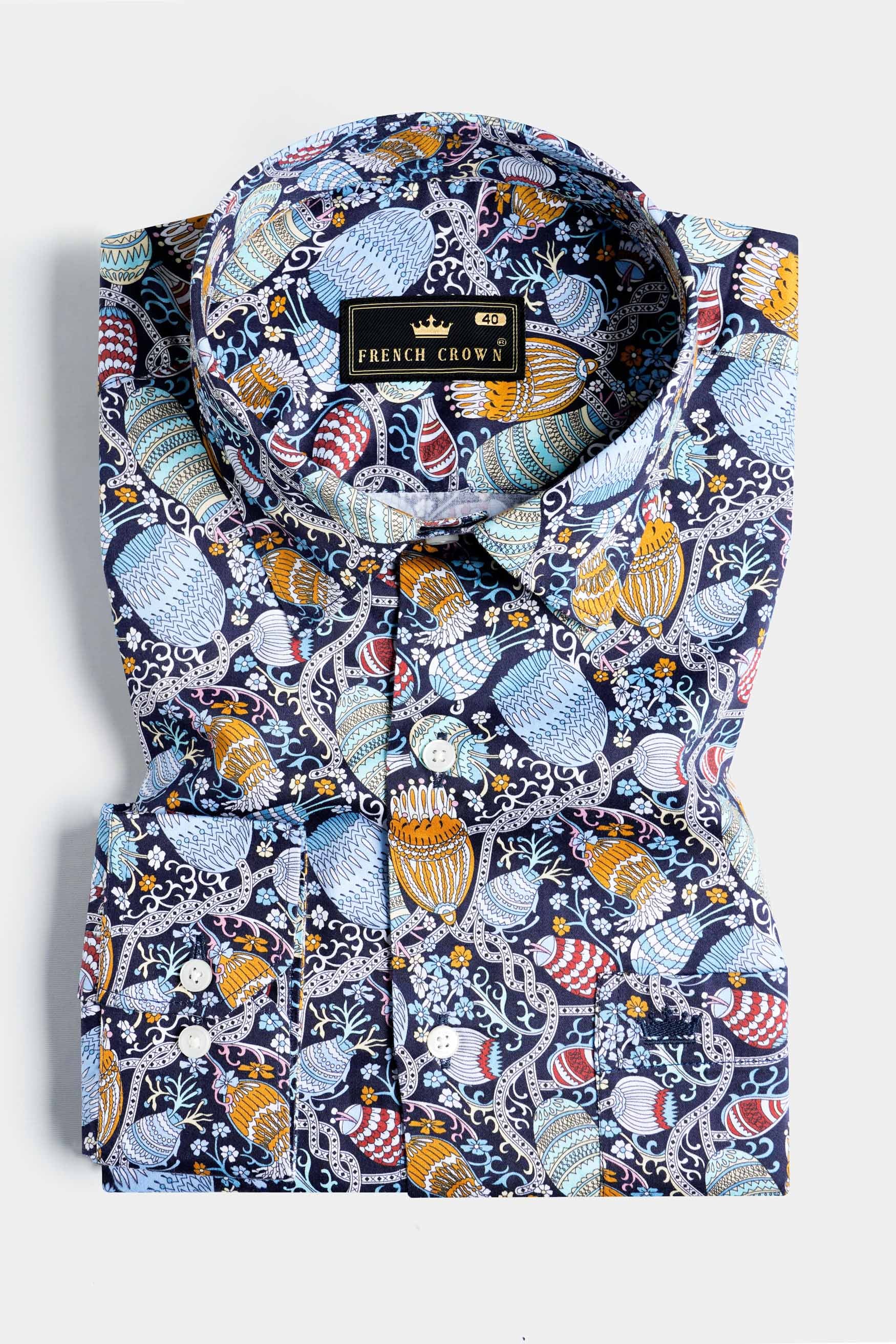 Haiti Blue and Ochre Orange Floral Printed Subtle Sheen Super Soft Premium Cotton Designer Shirt
