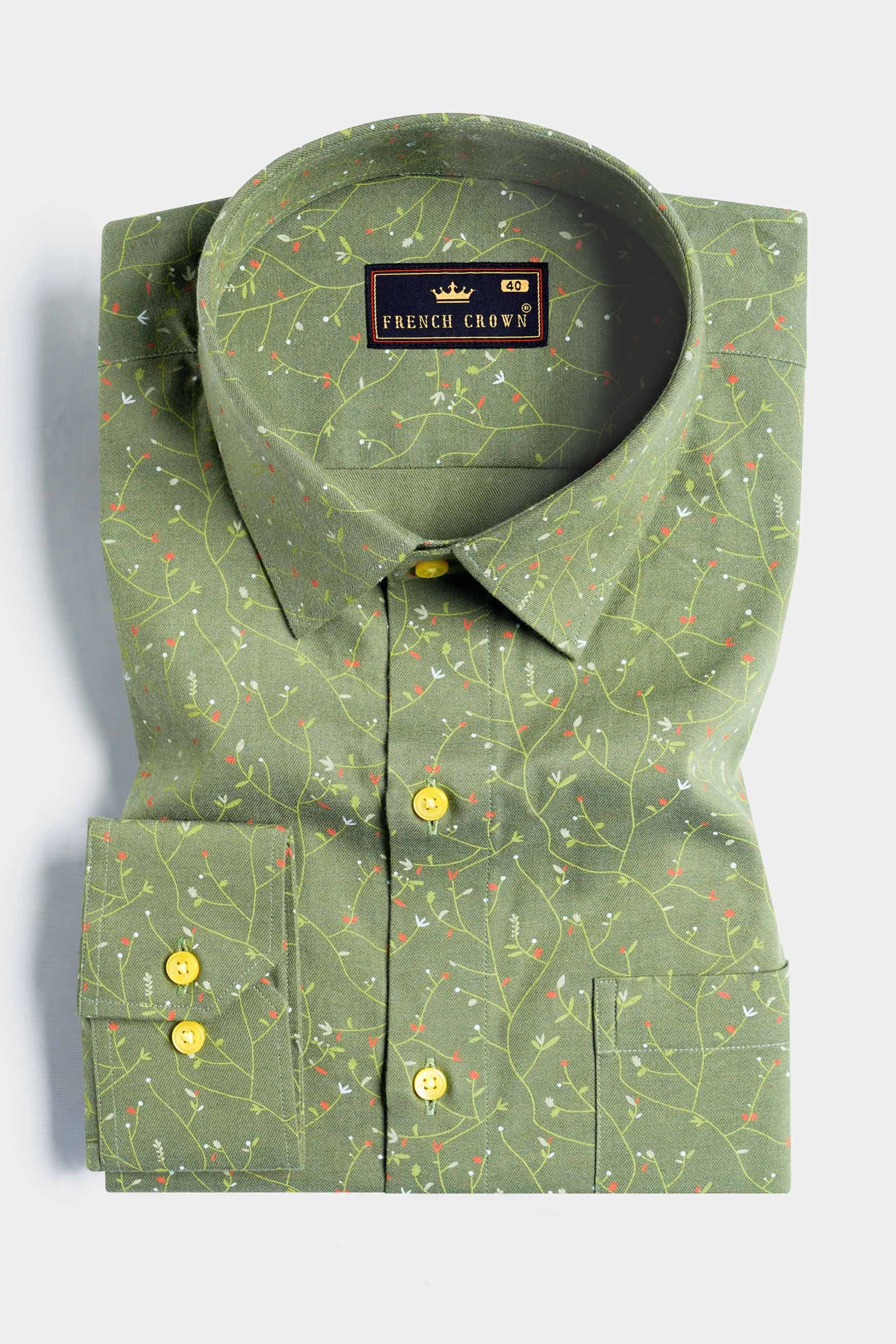 Asparagus Green Printed Twill Premium Cotton Shirt