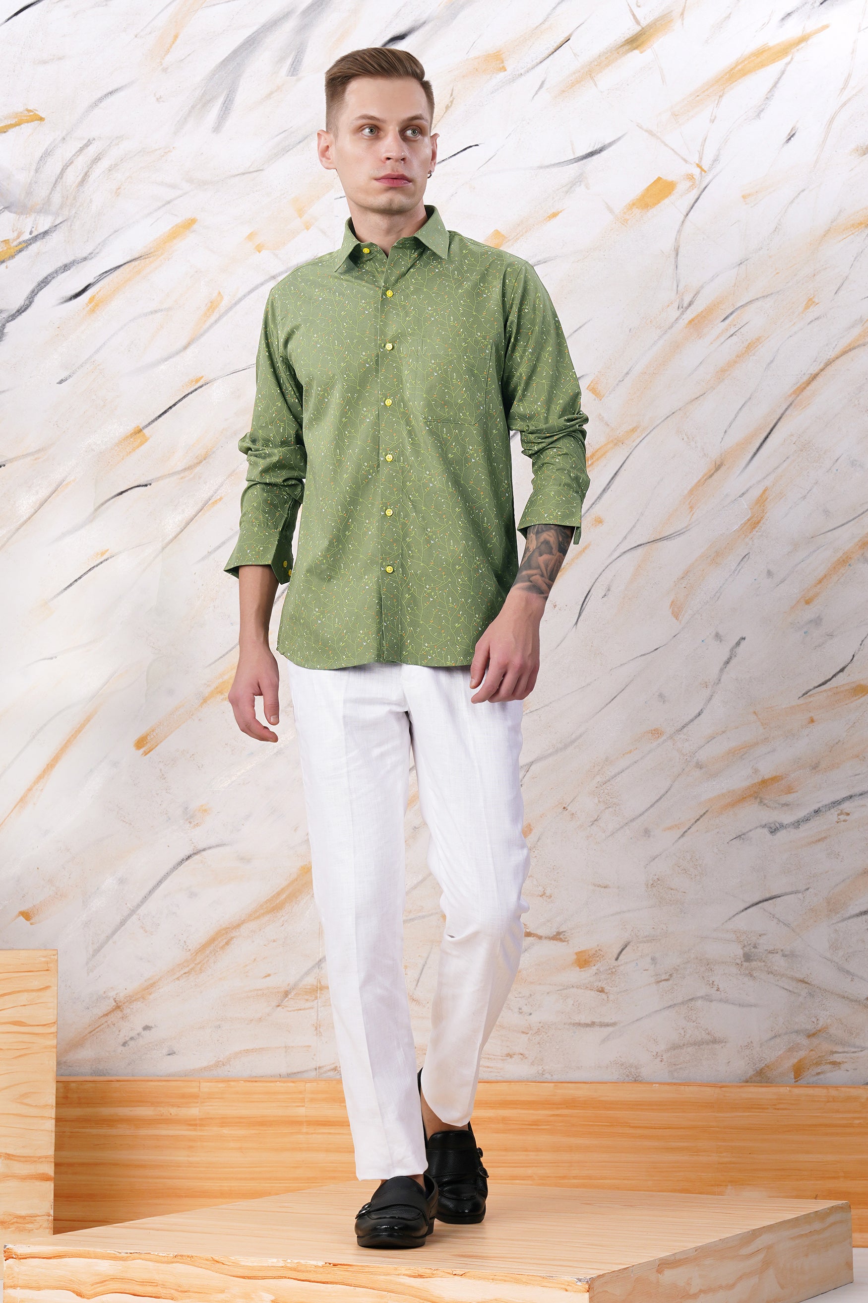 Asparagus Green Printed Twill Premium Cotton Shirt