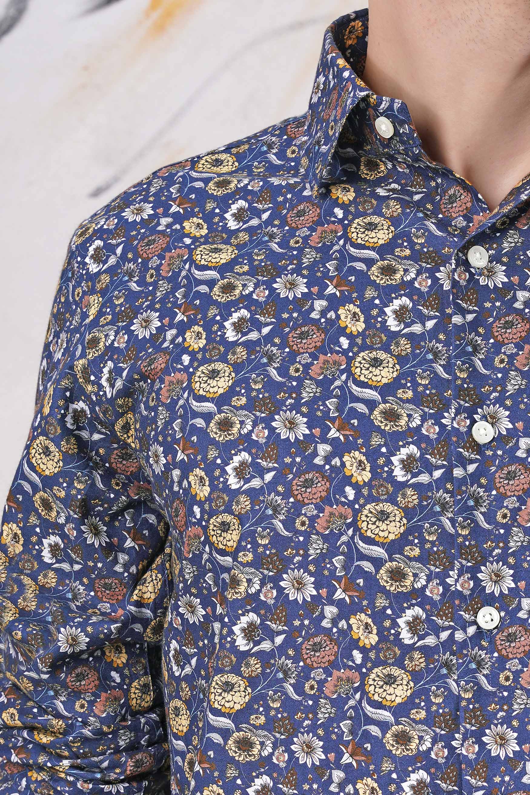 Cloud Burst Blue Multicolour Floral Printed Subtle Sheen Super Soft Premium Cotton Shirt
