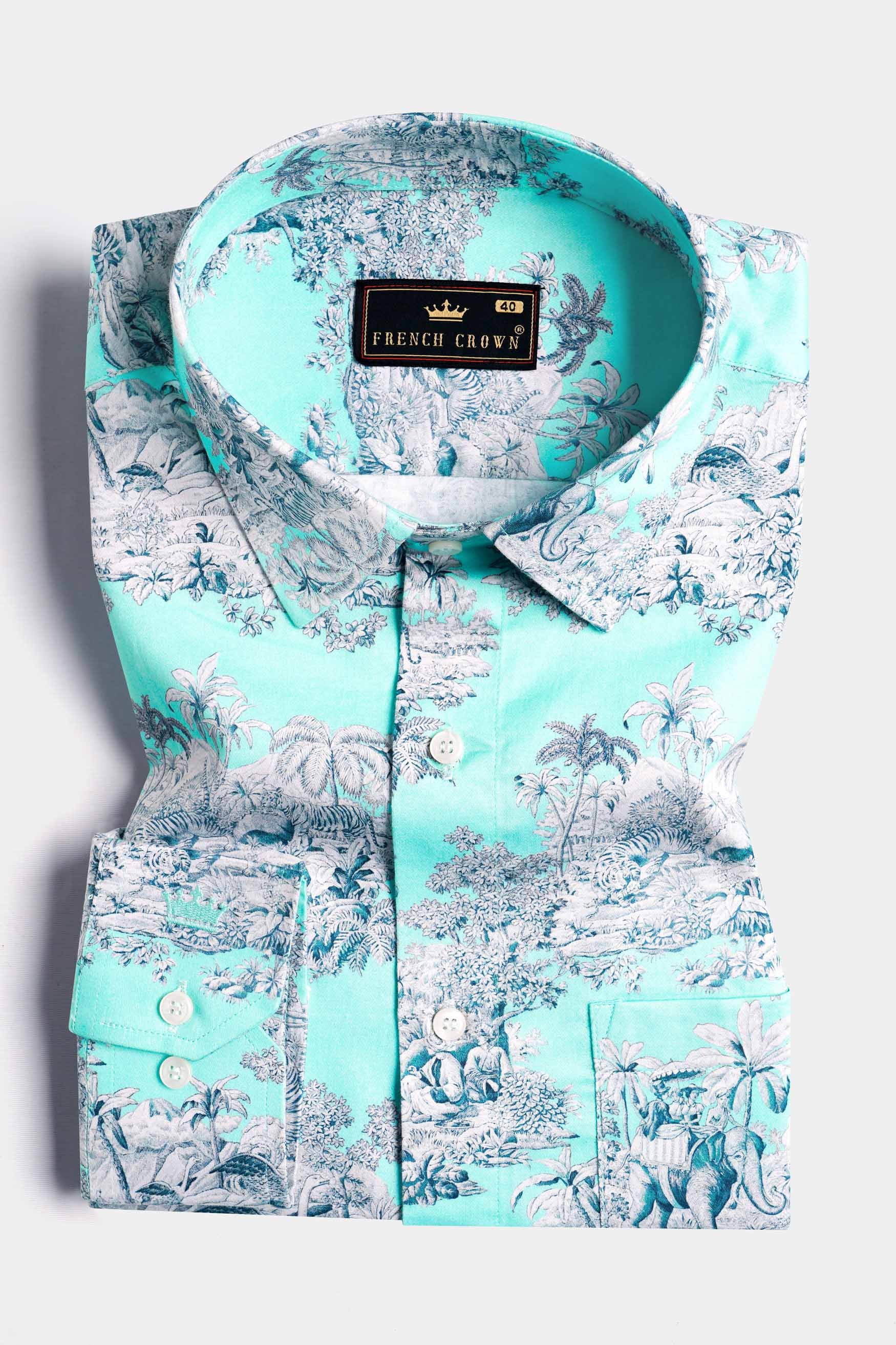 Lagoon Blue Tropical Printed Subtle Sheen Super Soft Premium Cotton Shirt
