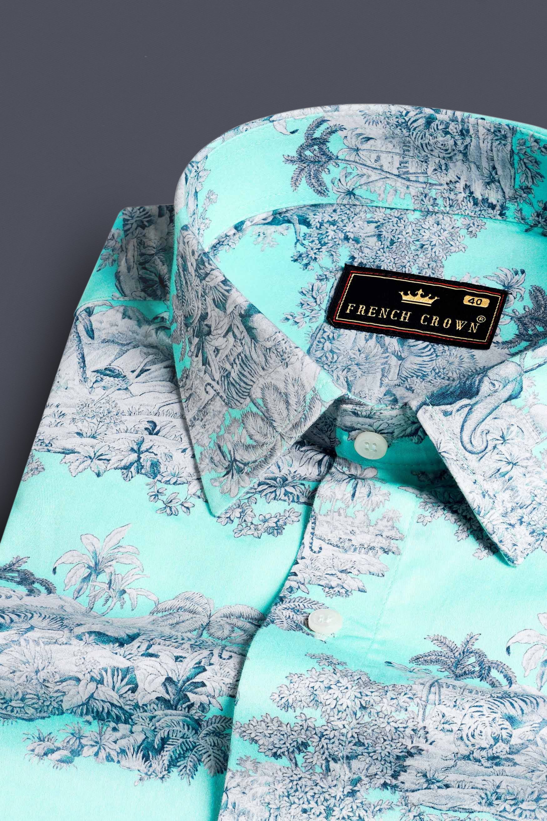 Lagoon Blue Tropical Printed Subtle Sheen Super Soft Premium Cotton Shirt