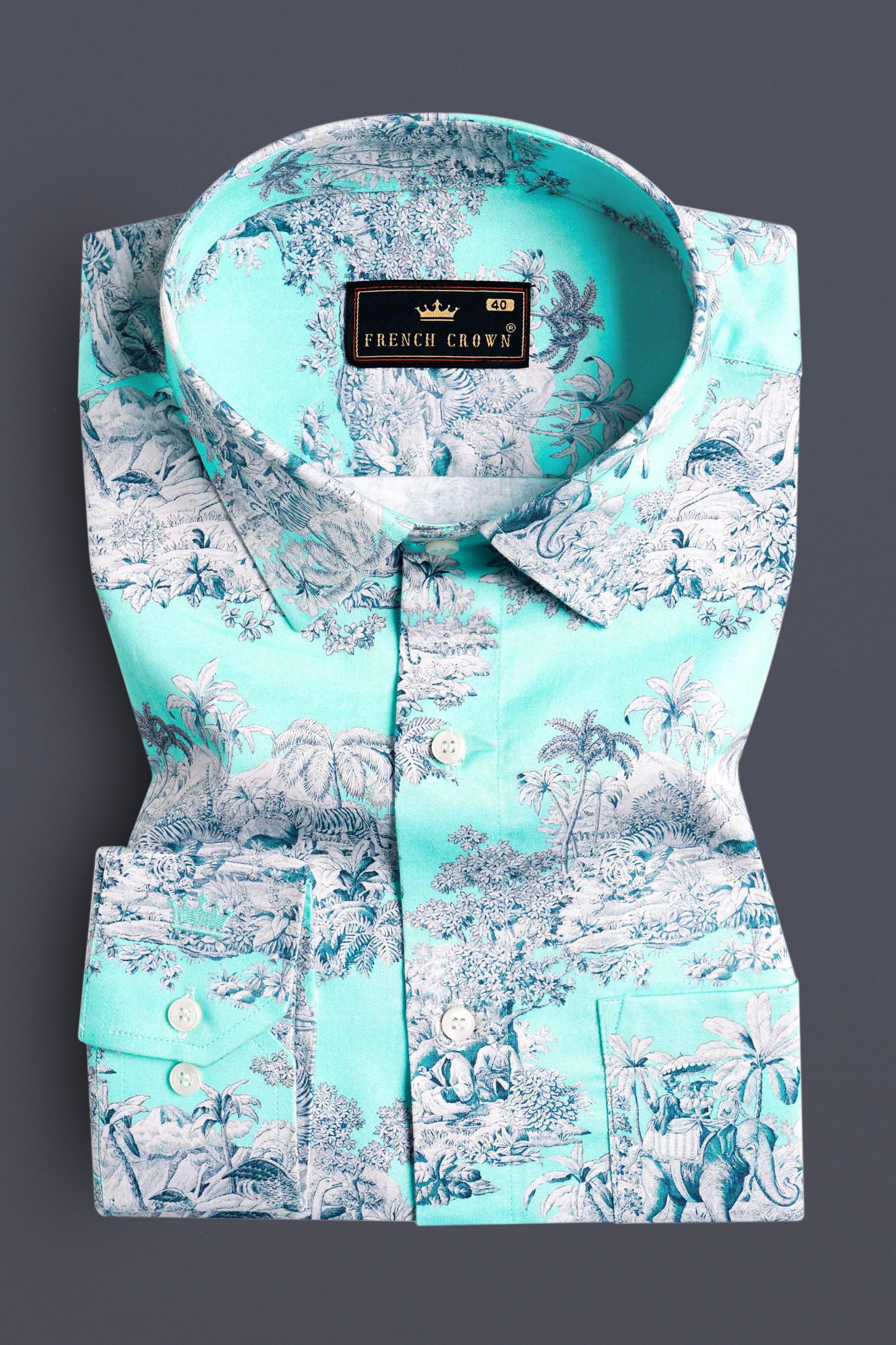 Lagoon Blue Tropical Printed Subtle Sheen Super Soft Premium Cotton Shirt