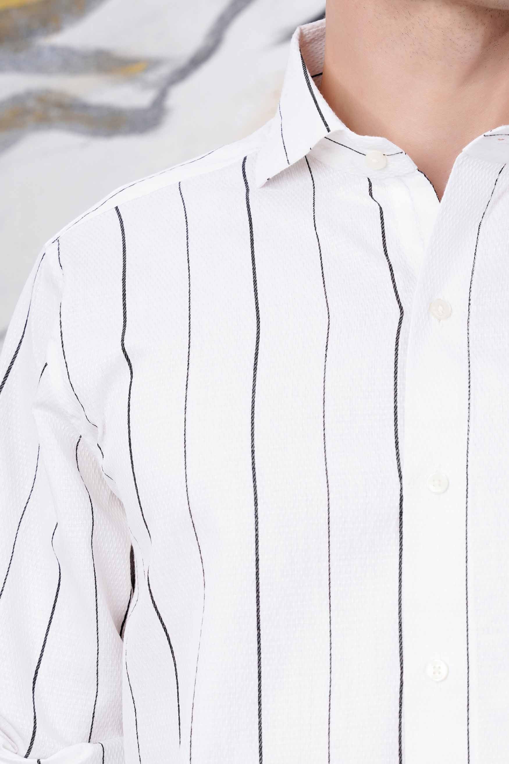 Bright White and Black Striped Dobby Textured Premium Giza Cotton Shirt