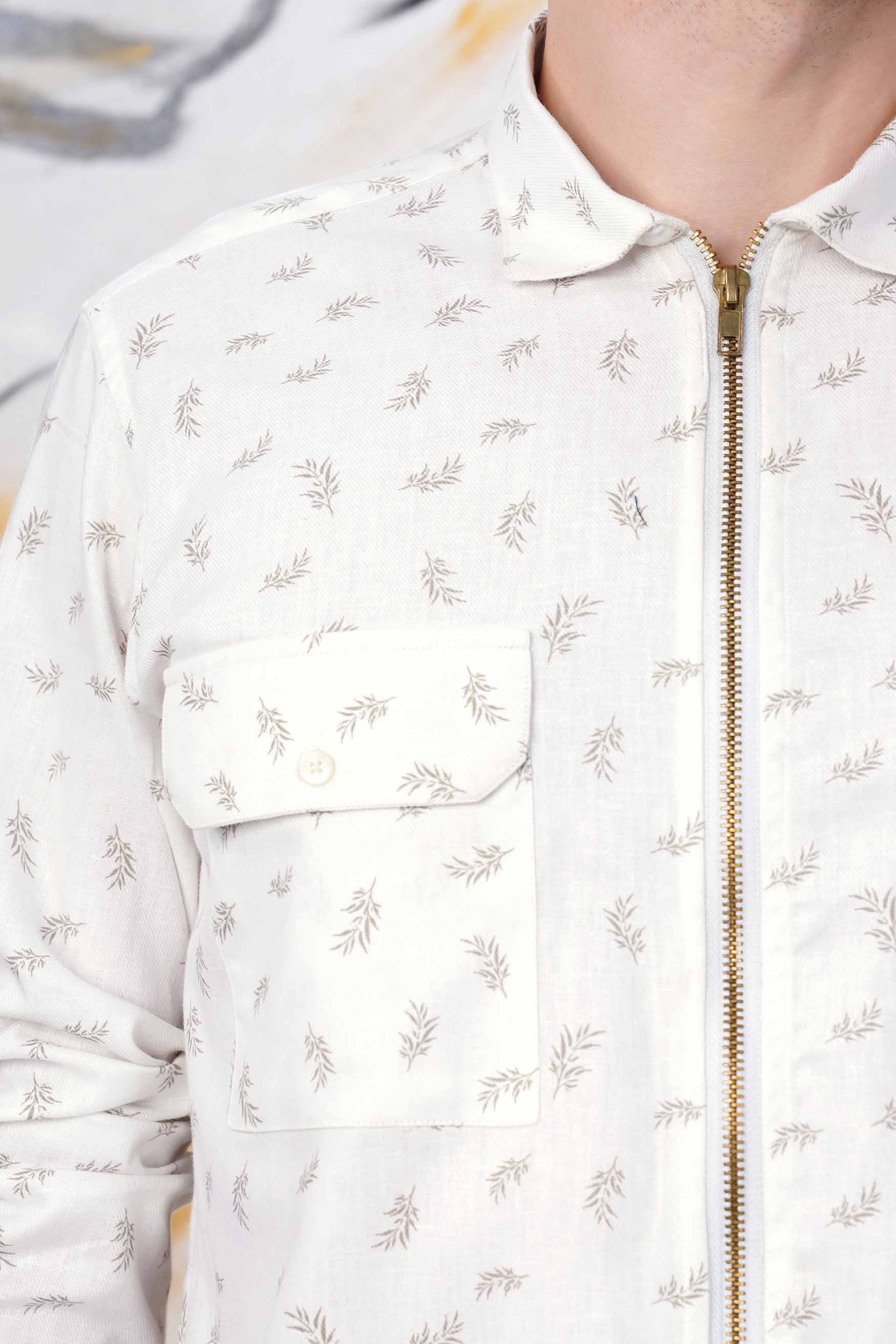 Bright White Leaves Printed Royal Oxford Designer Shirt with Zipper Closure