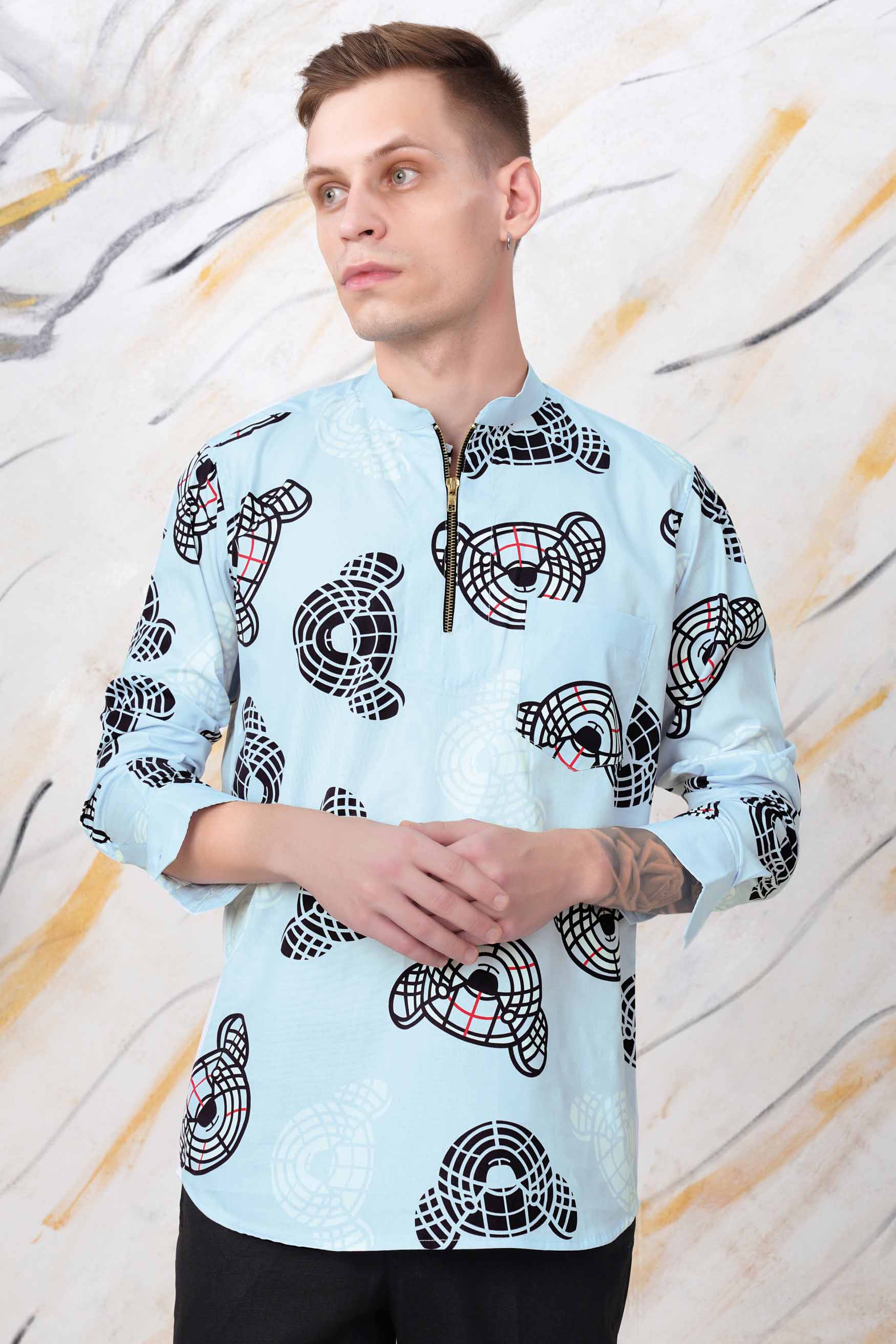 Sinbad Blue and Black Bear Printed Premium Cotton Designer Shirt