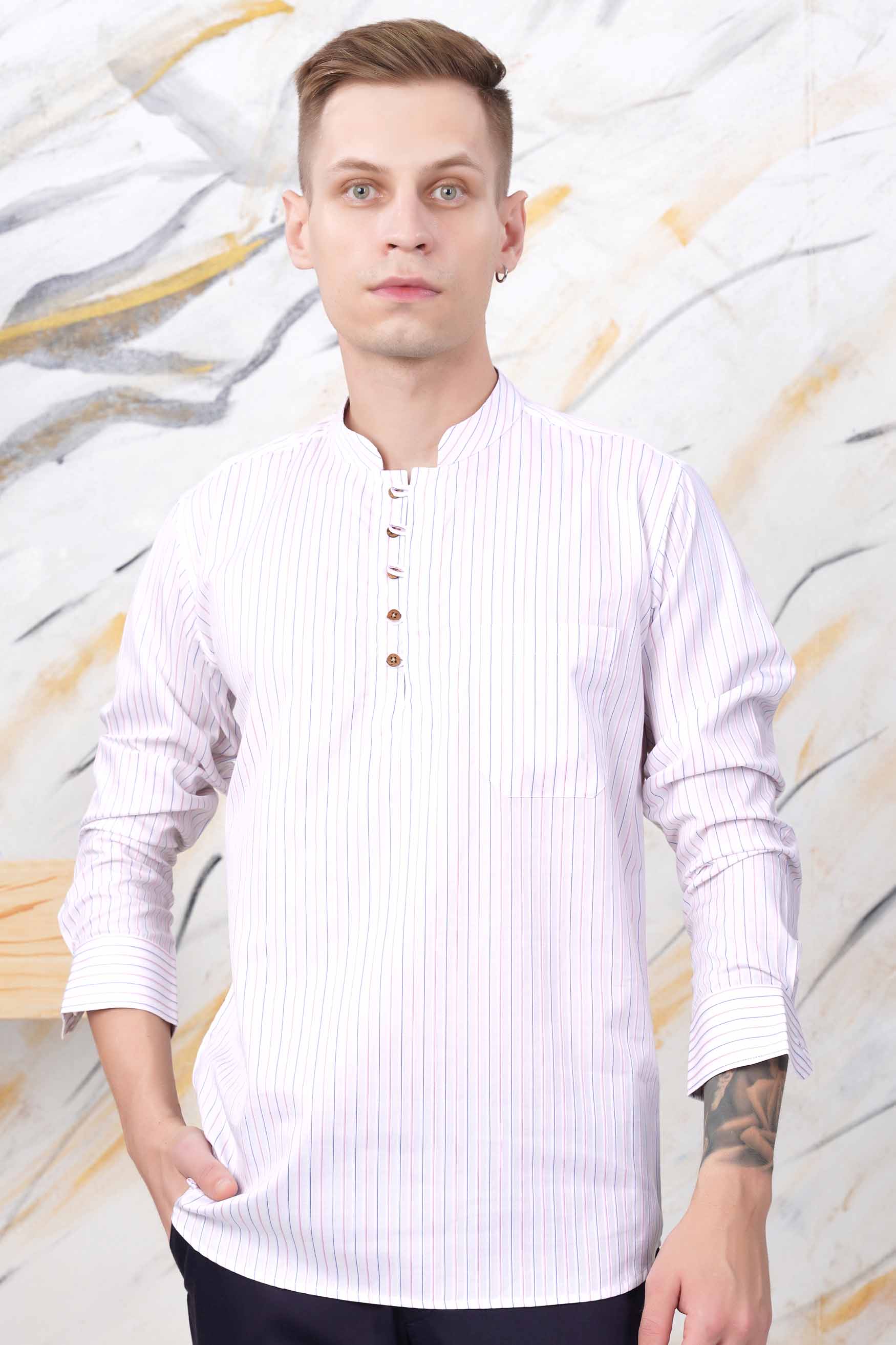 Bright White with Orchid Pink and Catalina Blue Striped Premium Cotton Kurta Shirt