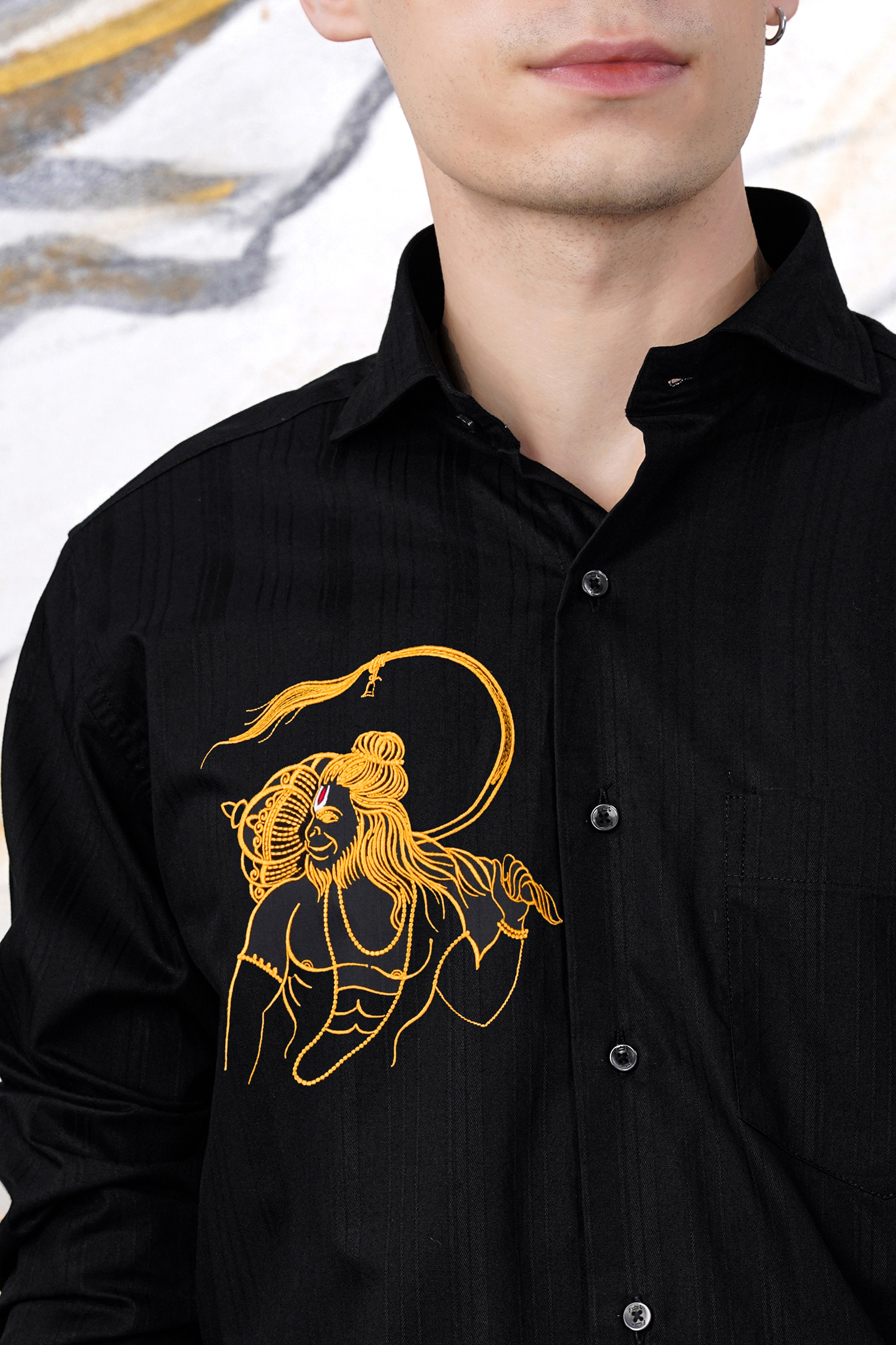 Jade Black Lord Hanuman Embroidered Dobby Textured Premium Giza Cotton Designer Shirt