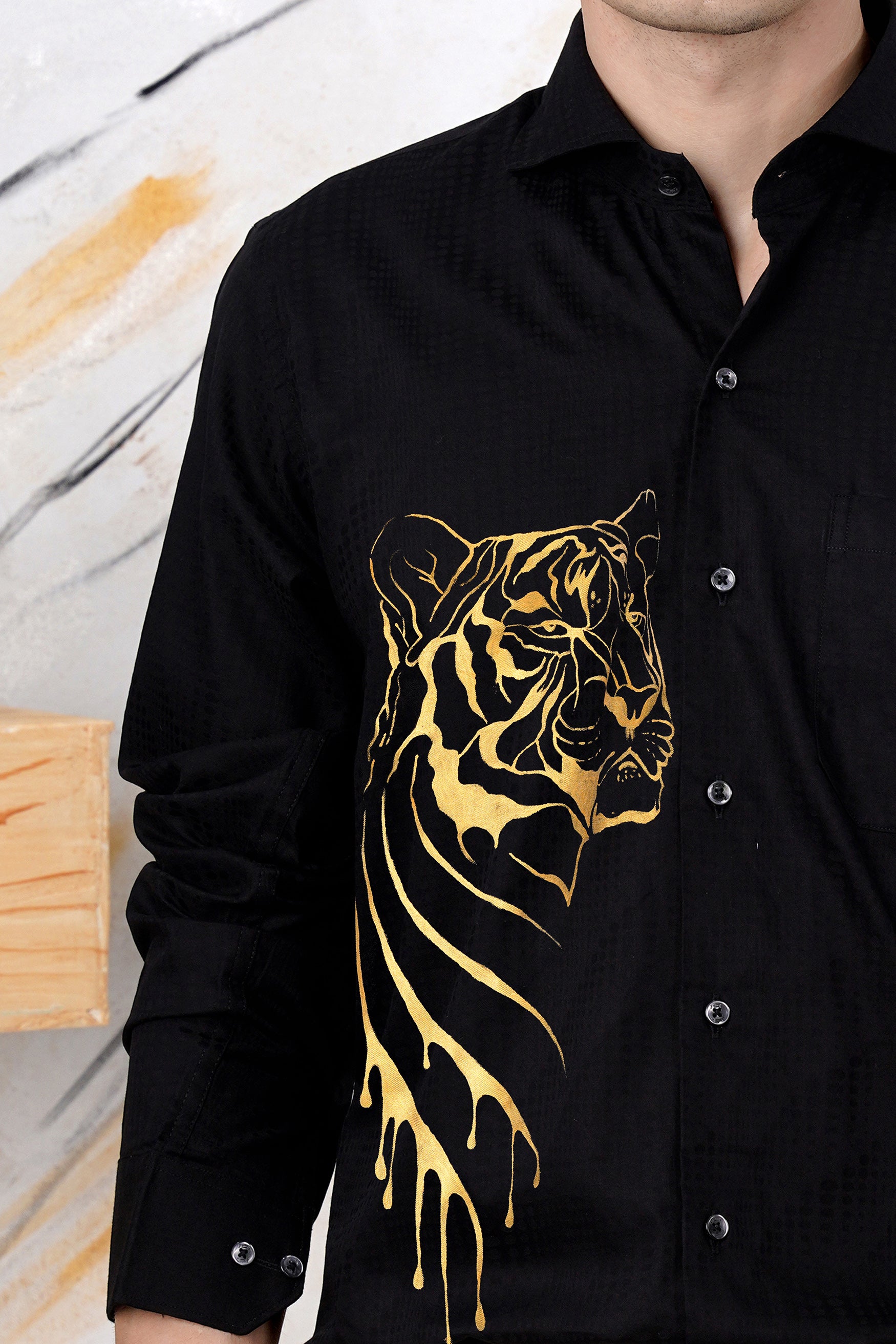 Jade Black with Golden Tiger Hand Painted Jacquard Textured Premium Giza Cotton Shirt
