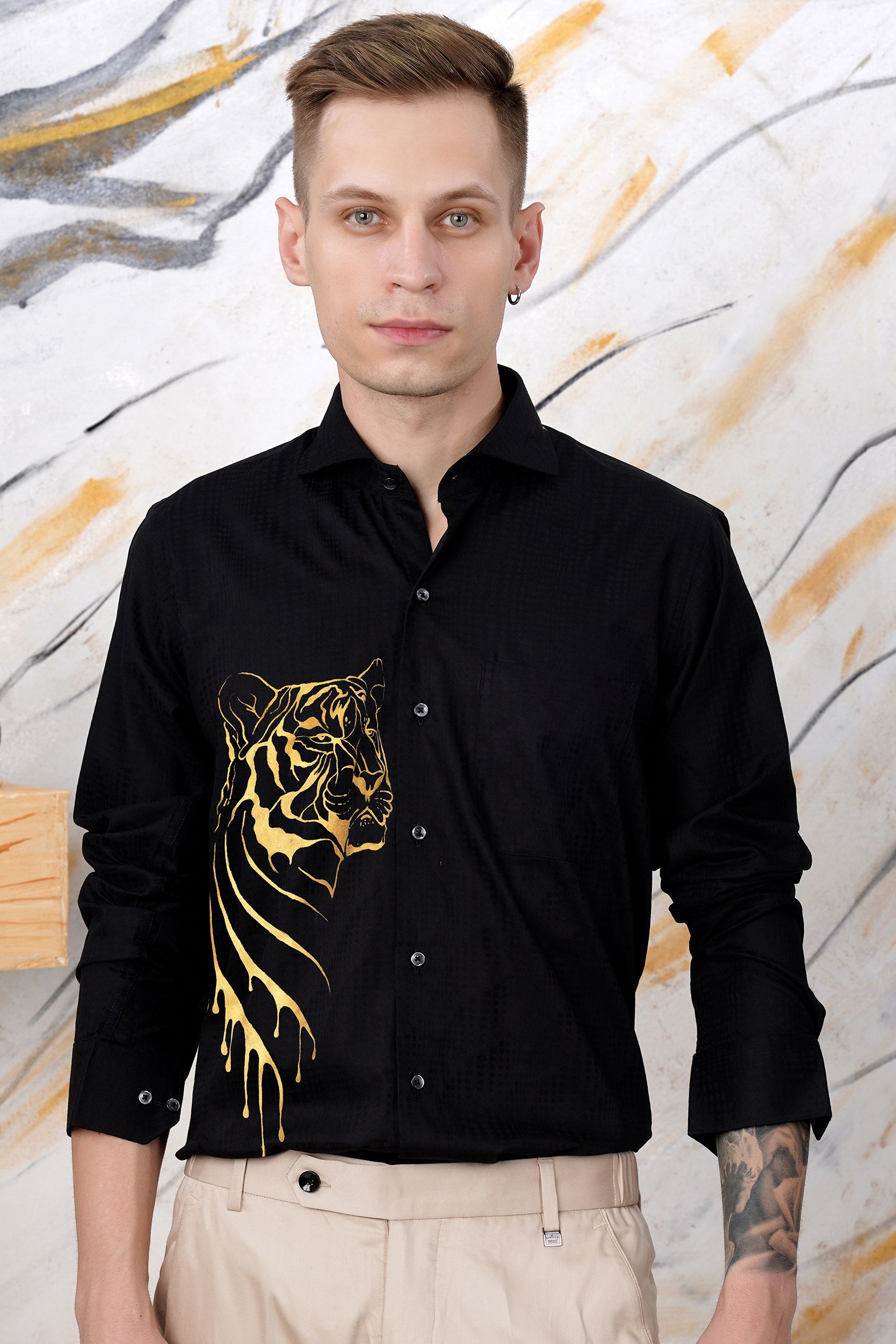 Jade Black with Golden Tiger Hand Painted Jacquard Textured Premium Giza Cotton Shirt