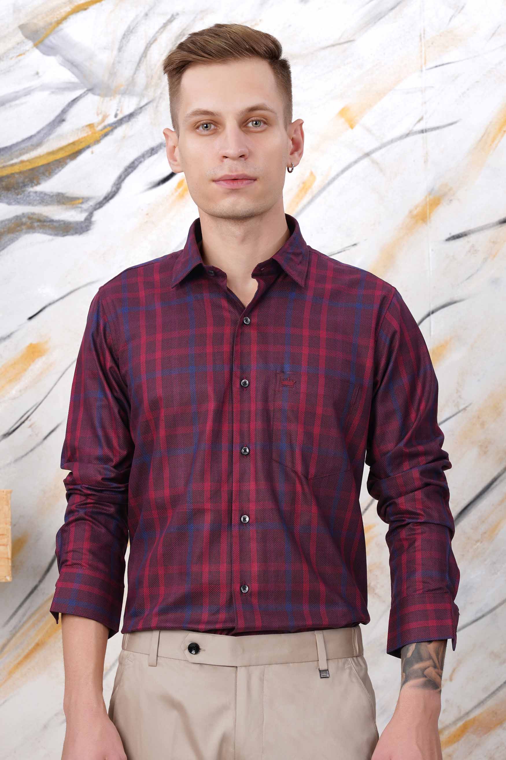 Mulberry Maroon with Hibiscus Pink and Nile Blue Plaid Dobby Textured Premium Giza Cotton Shirt