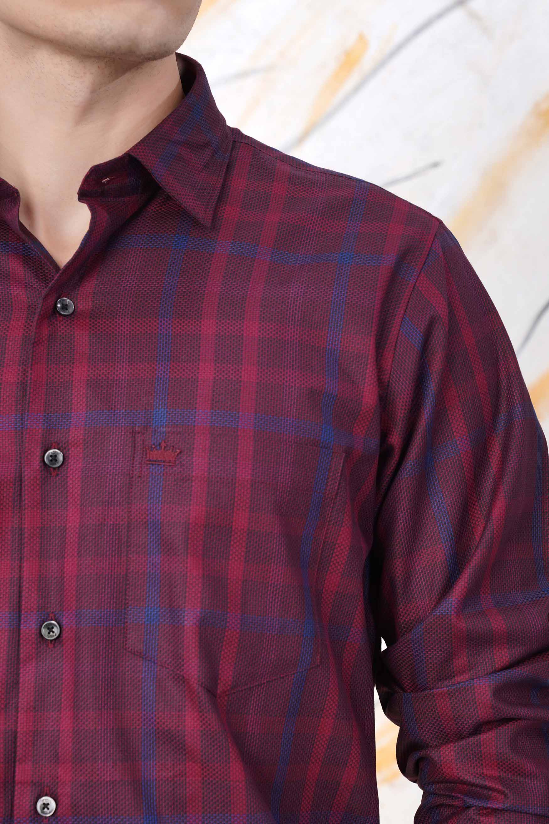 Mulberry Maroon with Hibiscus Pink and Nile Blue Plaid Dobby Textured Premium Giza Cotton Shirt