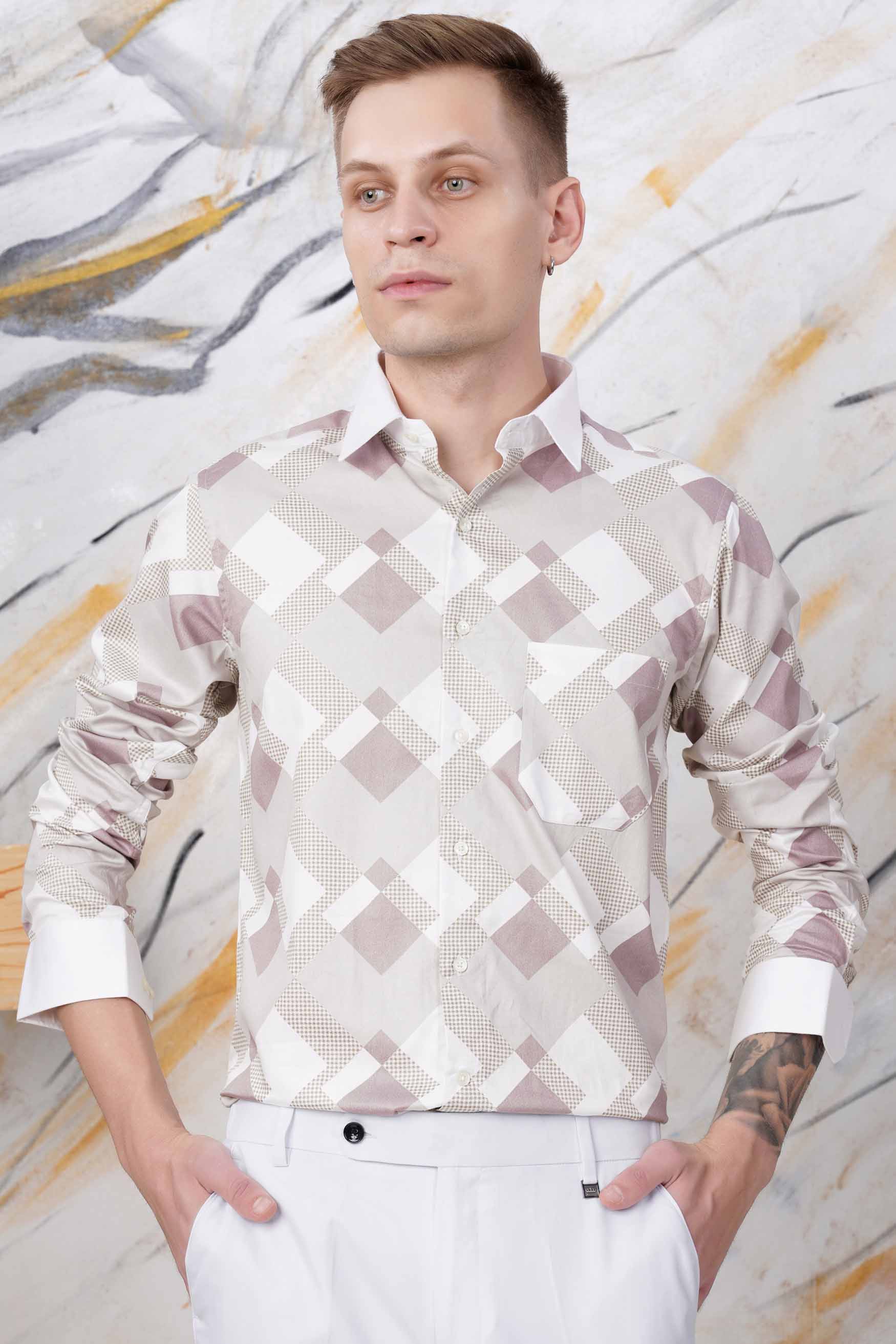 Ghost Gray and Blossom Pink Printed with White Cuffs and Collar Subtle Sheen Super Soft Premium Cotton Shirt