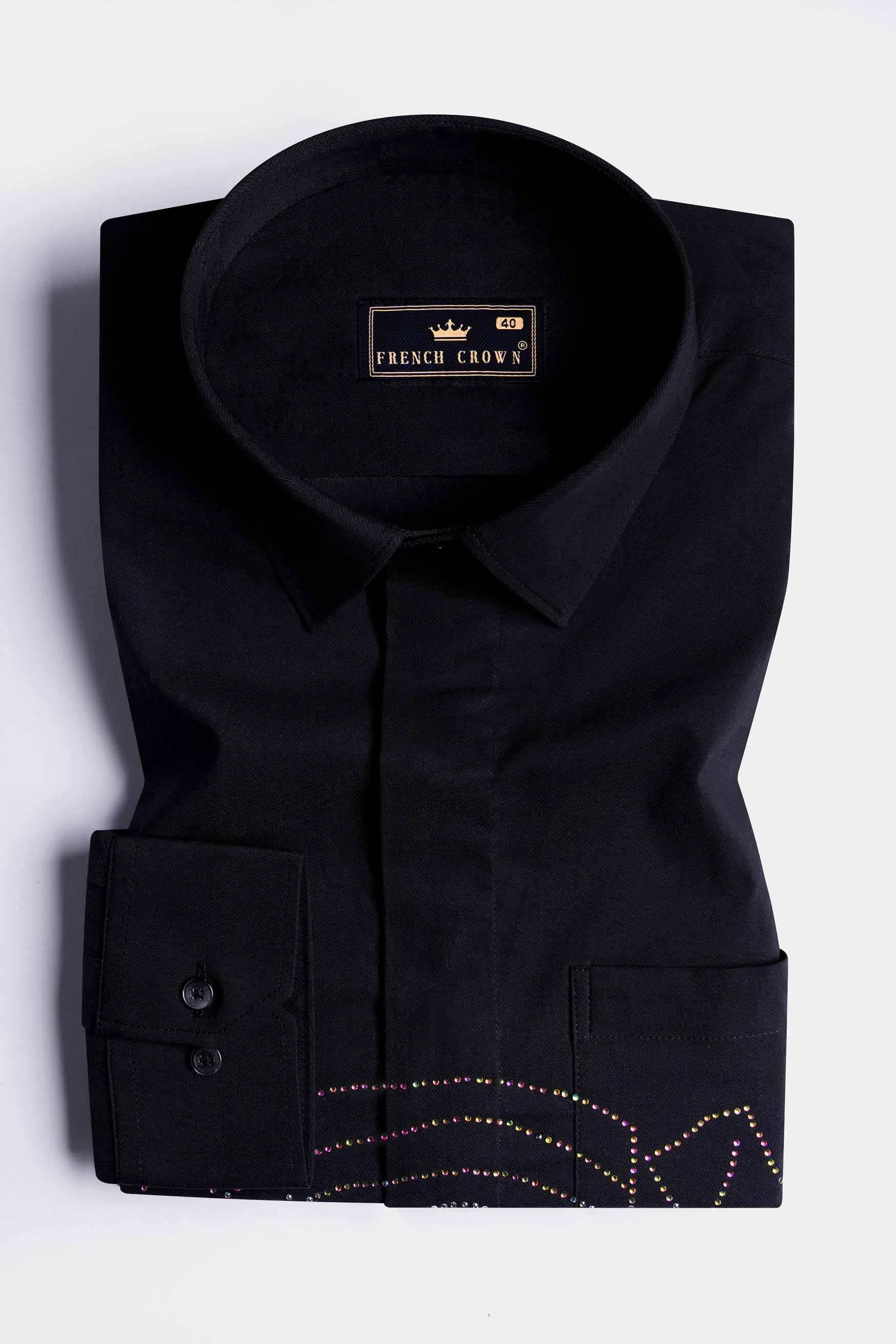 Jade Black Tiger Face Stone Work Twill Premium Cotton Stretchable Designer Shirt