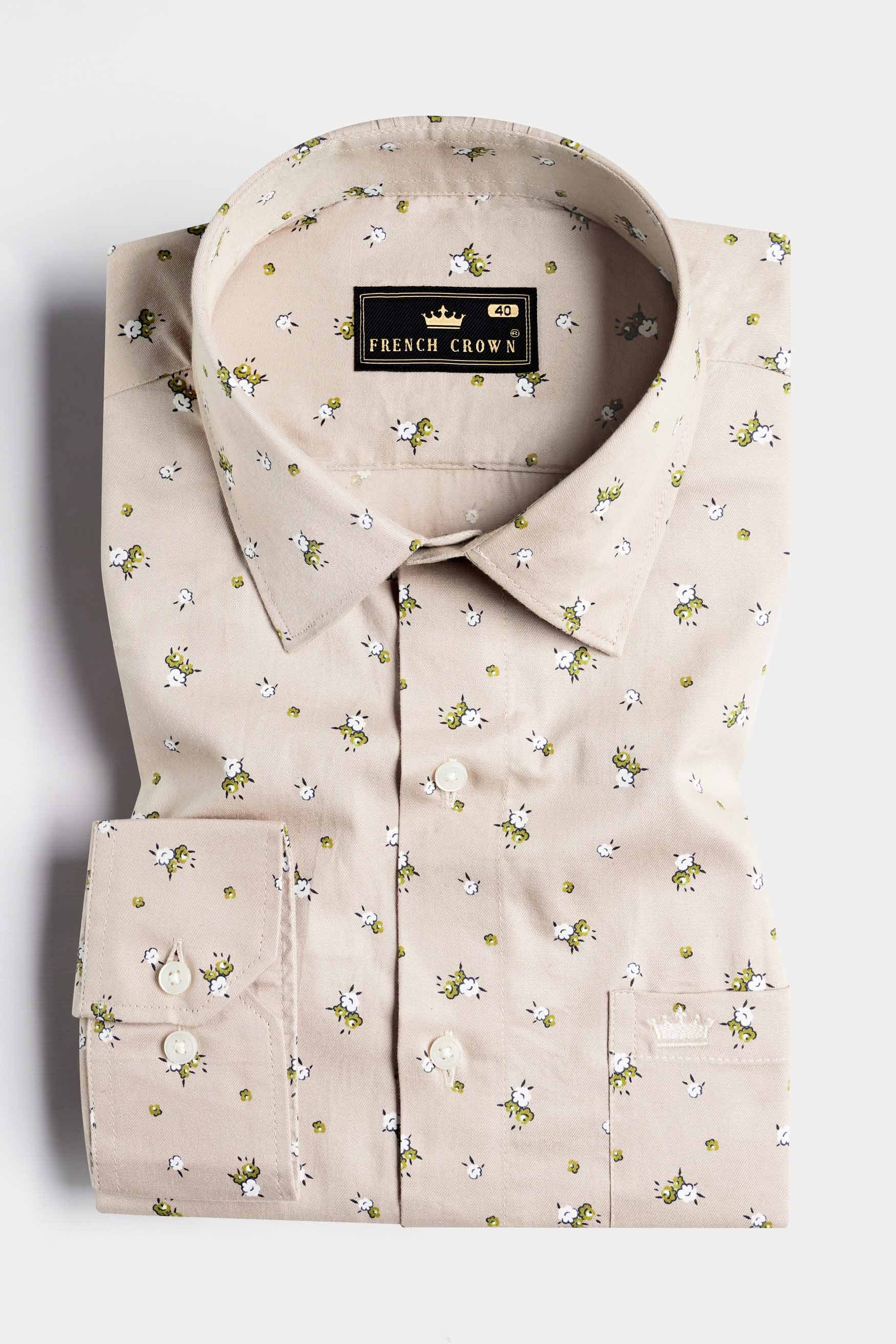 Sisal Beige and Pesto Green Floral Printed Twill Premium Cotton Designer Shirt