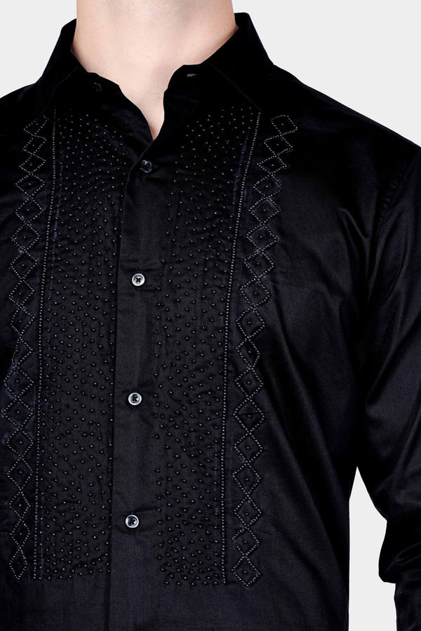 Jade Black Moti Work Hand Stitched Subtle Sheen Super Soft Premium Cotton Designer Shirt