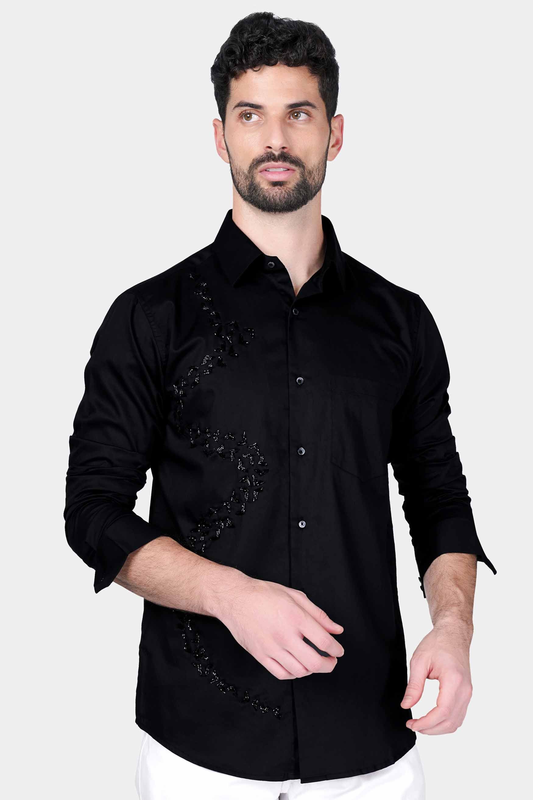 Jade Black Casual Plain Solid Premium Cotton Embroidered Shirt For Men