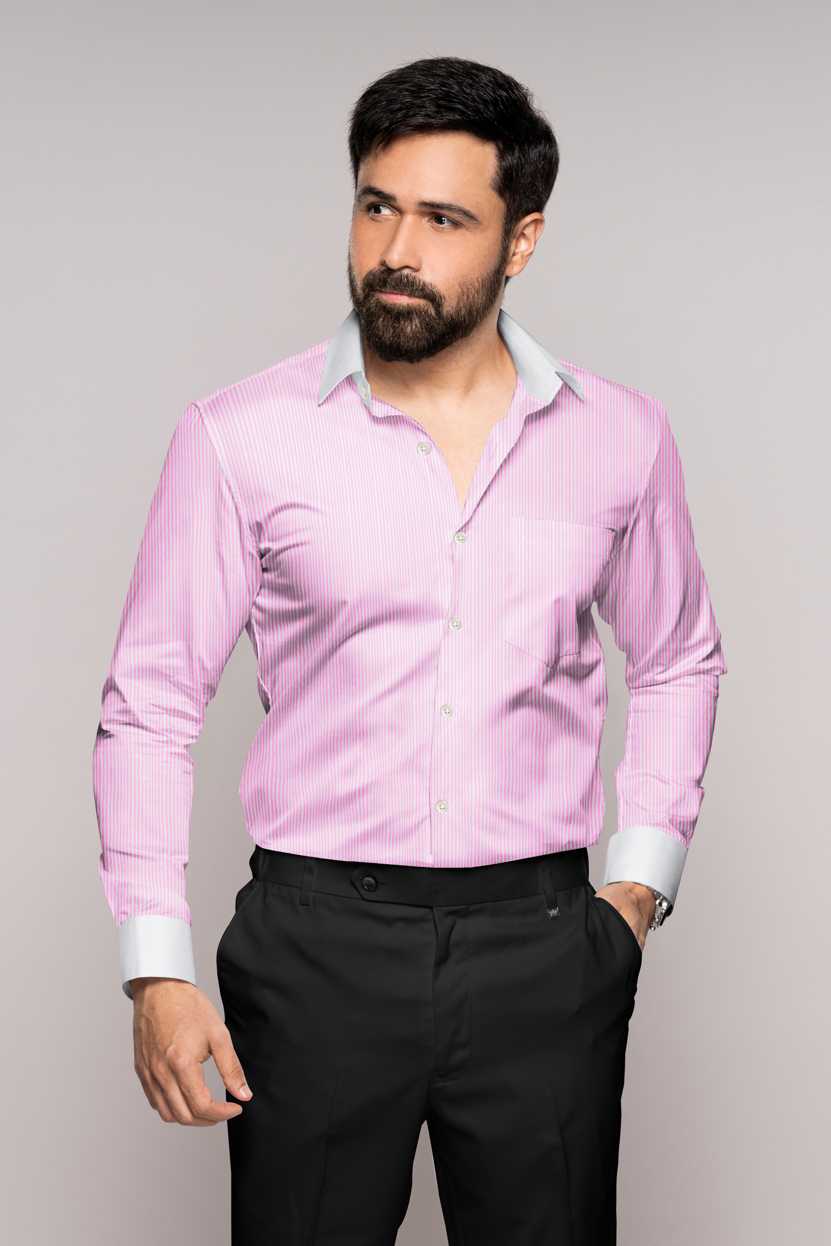 Melanie Pink and White Striped with White Cuffs and Collar Premium Cotton Shirt
