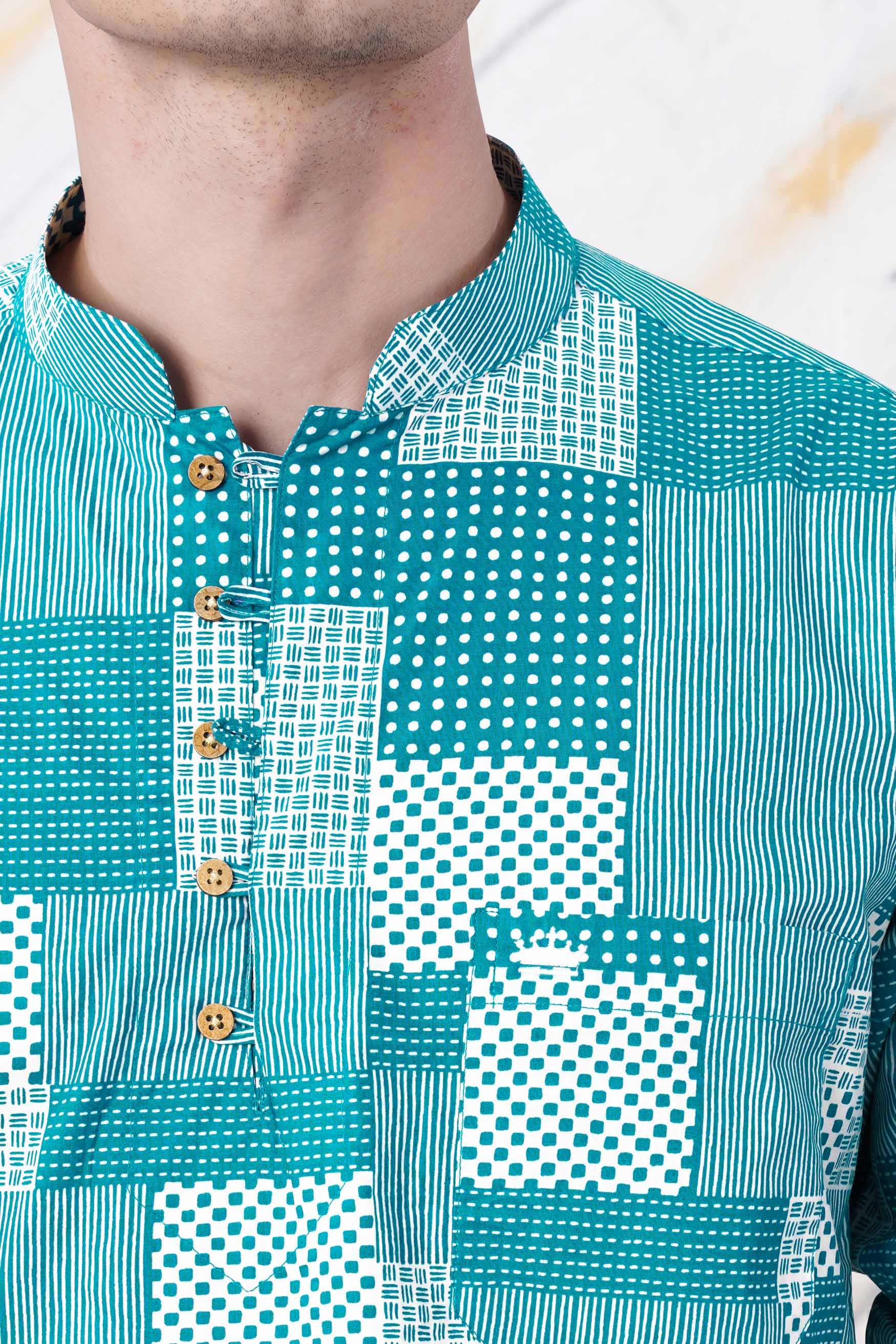 Pacific Blue and White Tile Printed Premium Cotton Kurta Shirt