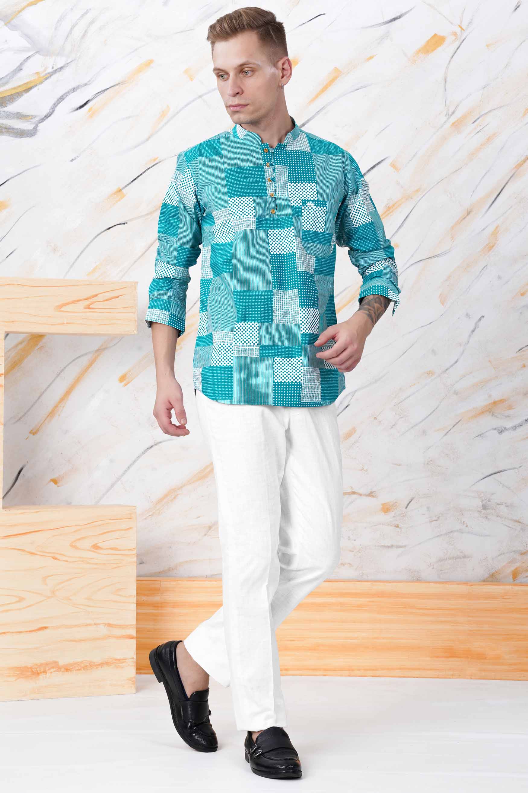 Pacific Blue and White Tile Printed Premium Cotton Kurta Shirt