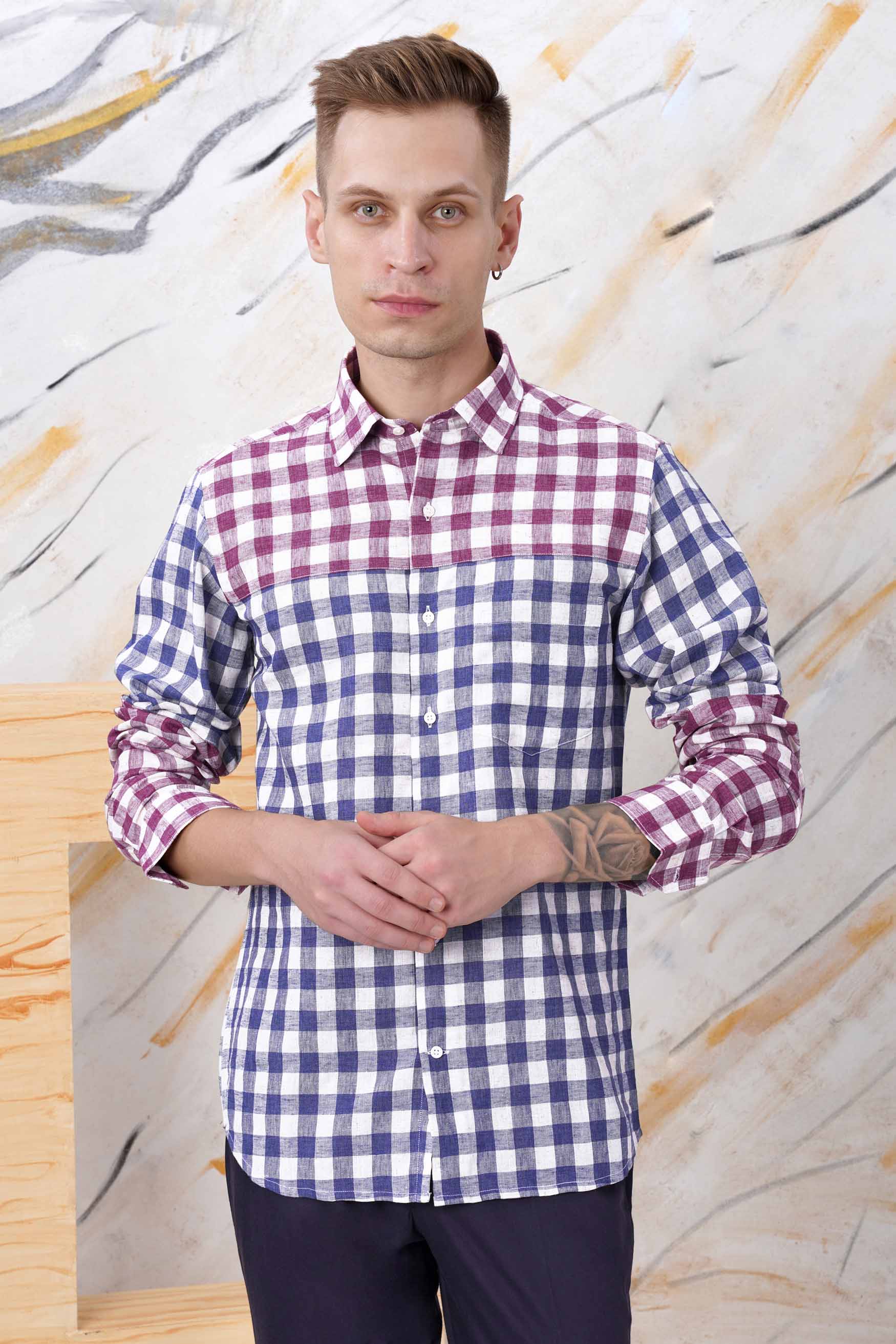 Rhino Blue with Muave Pink and White Plaid Luxurious linen Designer Shirt 11617-P575-38, 11617-P575-H-38, 11617-P575-39, 11617-P575-H-39, 11617-P575-40, 11617-P575-H-40, 11617-P575-42, 11617-P575-H-42, 11617-P575-44, 11617-P575-H-44, 11617-P575-46, 11617-P575-H-46, 11617-P575-48, 11617-P575-H-48, 11617-P575-50, 11617-P575-H-50, 11617-P575-52, 11617-P575-H-52
