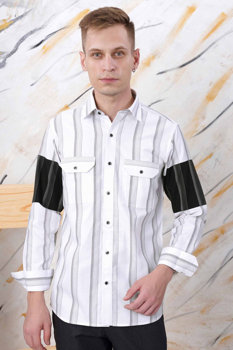 Bright White and Black Casual Stripes Premium Cotton Shirt For Men