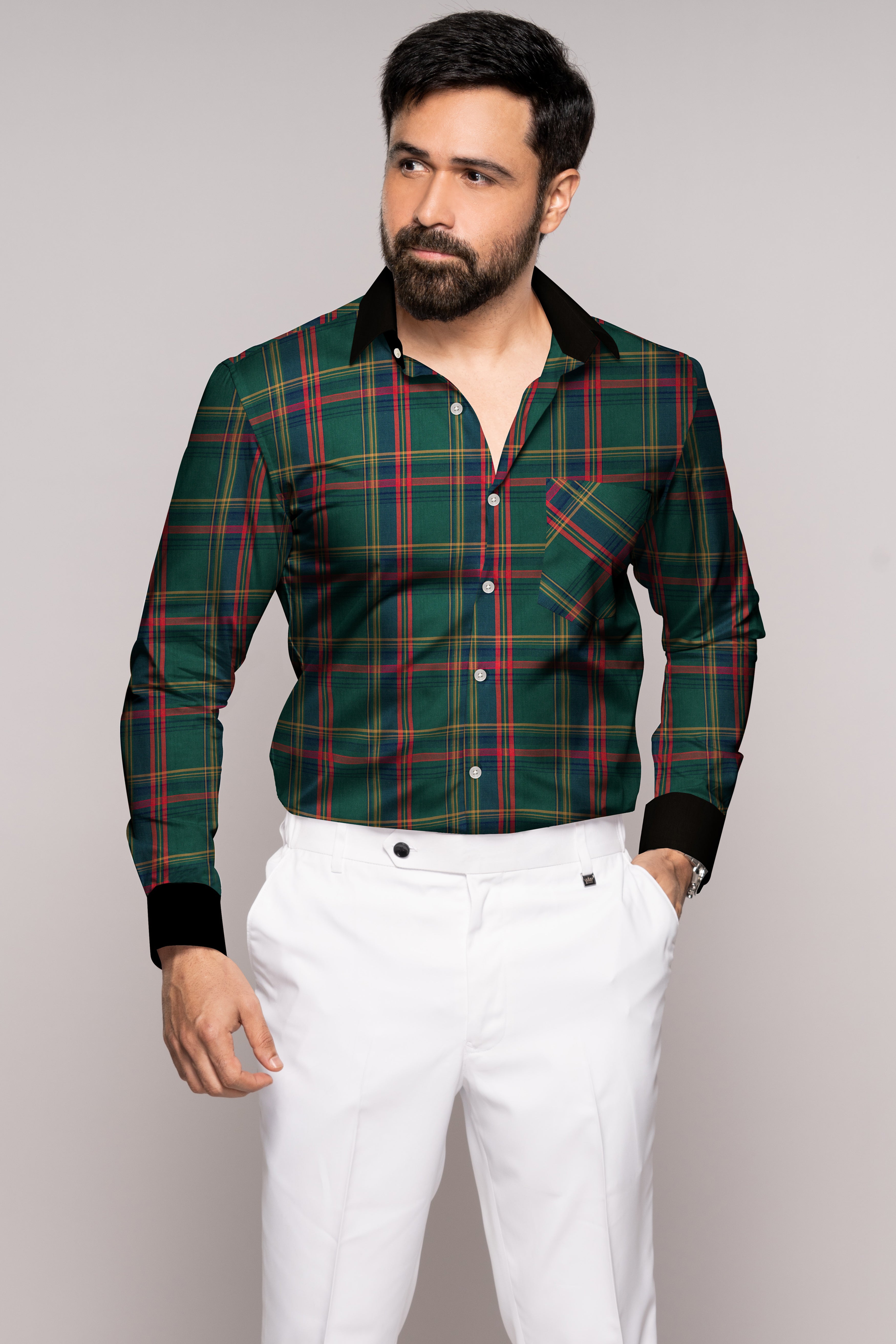 Everglade Green and Stiletto Red Plaid With Black Cuffs and Collar Twill Premium Cotton Shirt