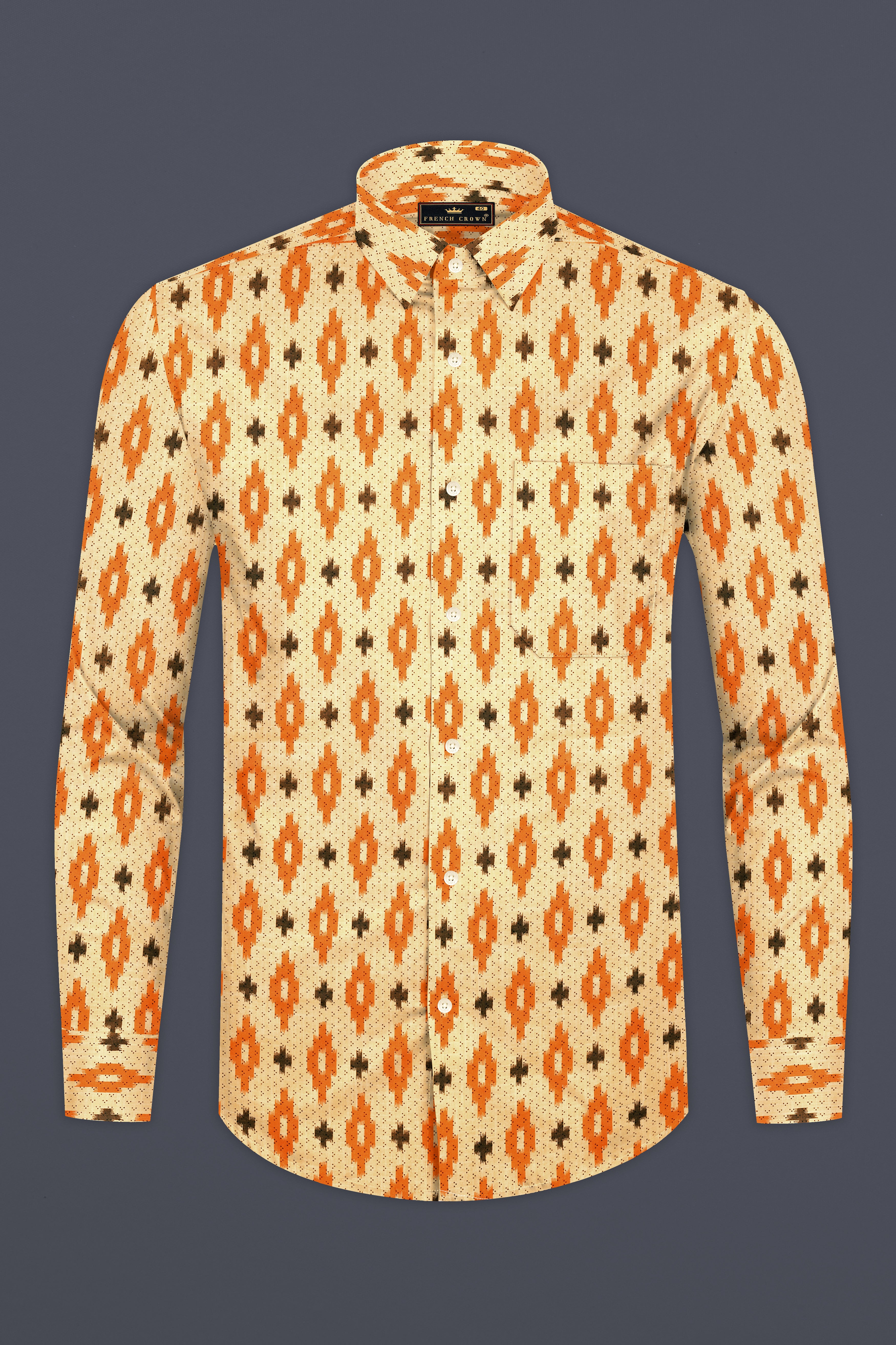 Peach and Crusta Orange Ikat Printed Chambray Shirt